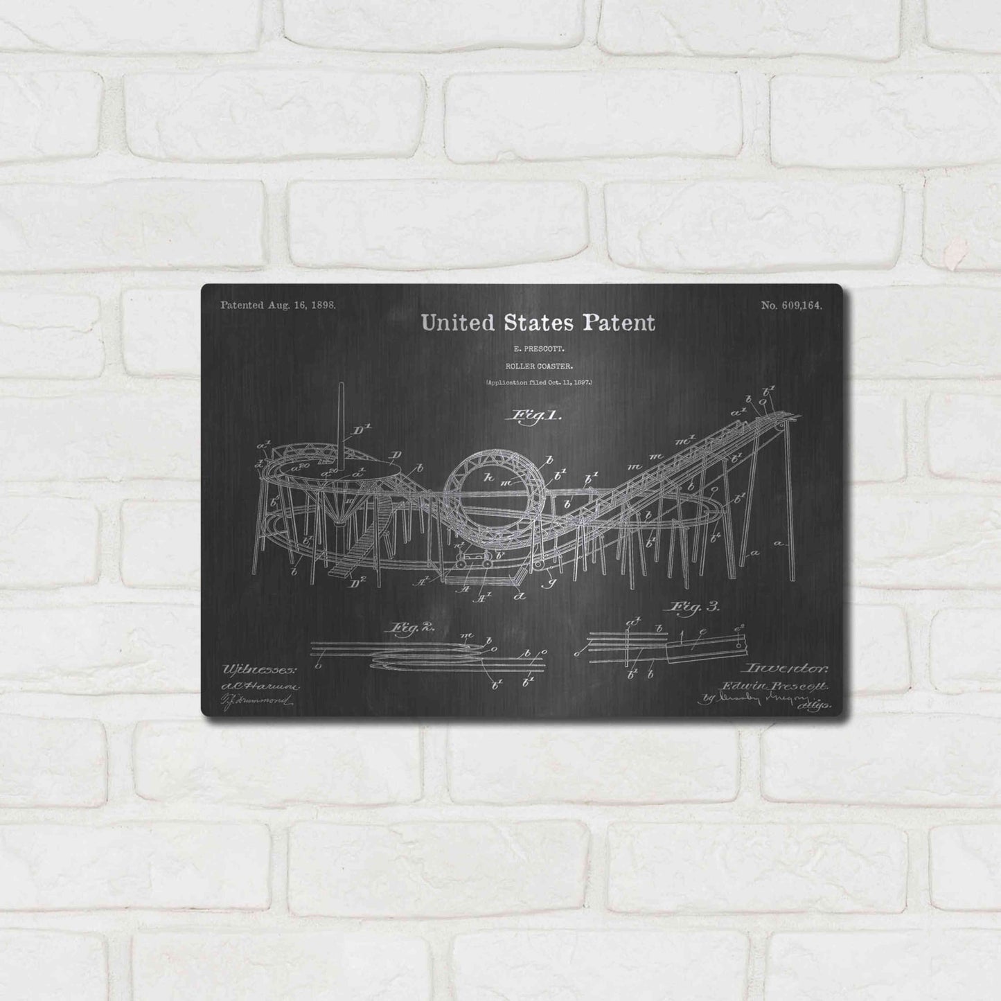 Luxe Metal Art 'Roller Coaster Vintage Patent Blueprint' by Epic Portfolio, Metal Wall Art,16x12