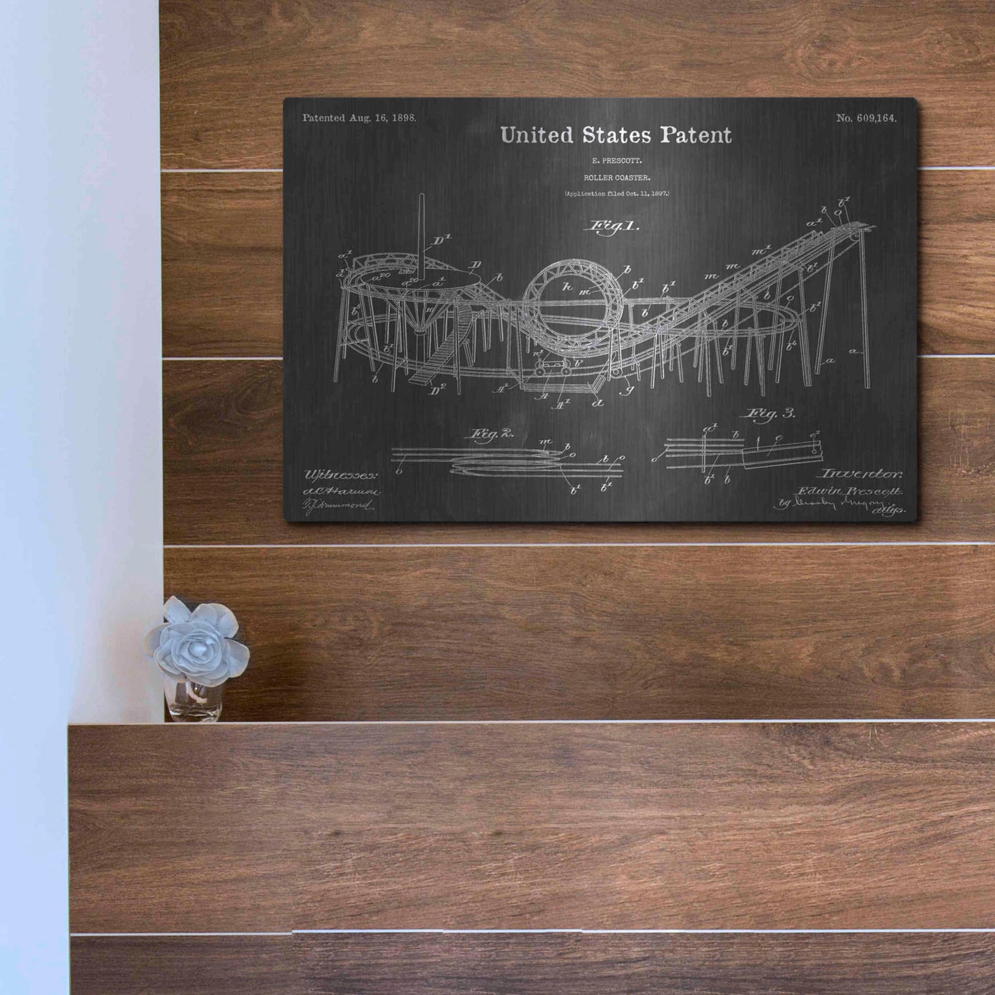 Luxe Metal Art 'Roller Coaster Vintage Patent Blueprint' by Epic Portfolio, Metal Wall Art,16x12