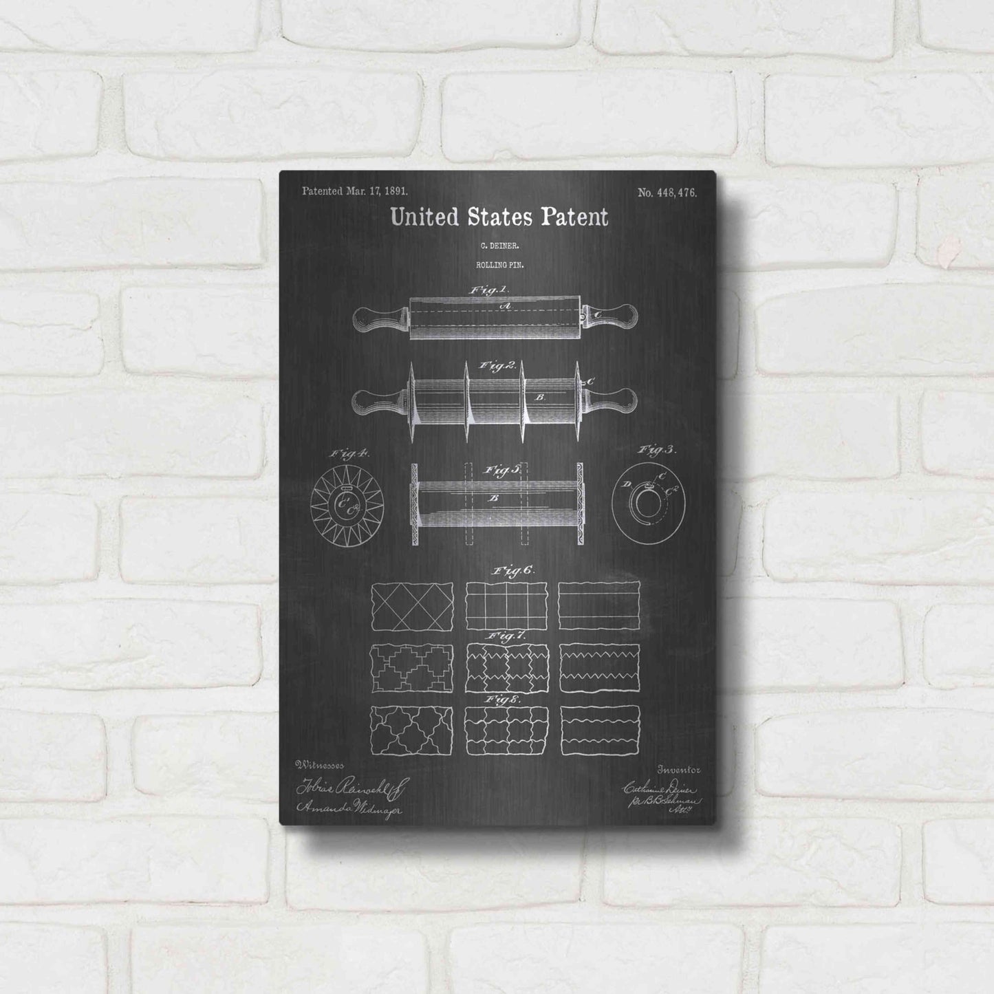 Luxe Metal Art 'Rolling Pin Vintage Patent Blueprint' by Epic Portfolio, Metal Wall Art,12x16