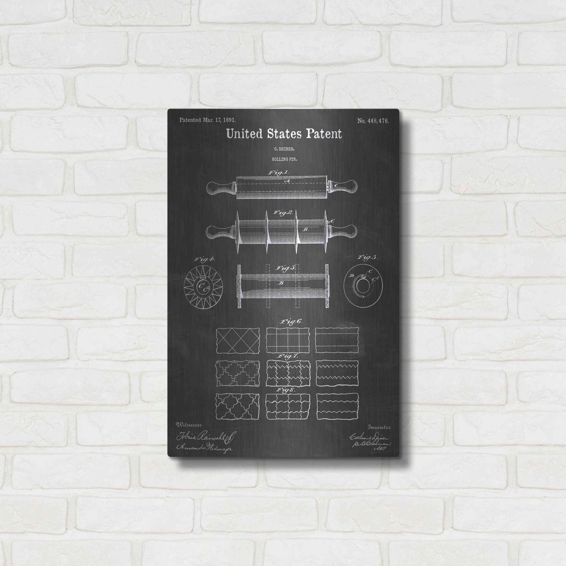 Luxe Metal Art 'Rolling Pin Vintage Patent Blueprint' by Epic Portfolio, Metal Wall Art,16x24