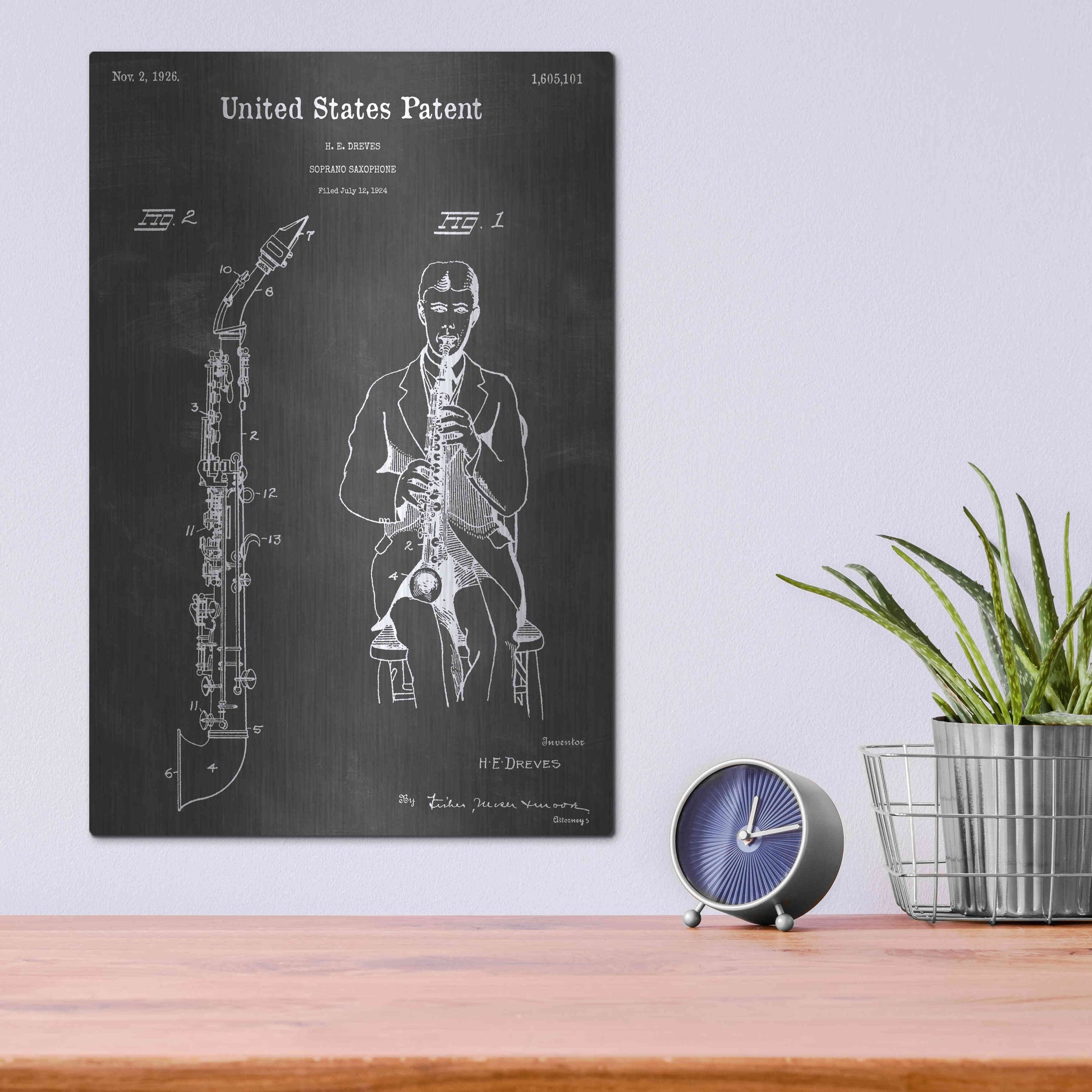 Luxe Metal Art 'Soprano Saxophone Vintage Patent Blueprint' by Epic Portfolio, Metal Wall Art,12x16