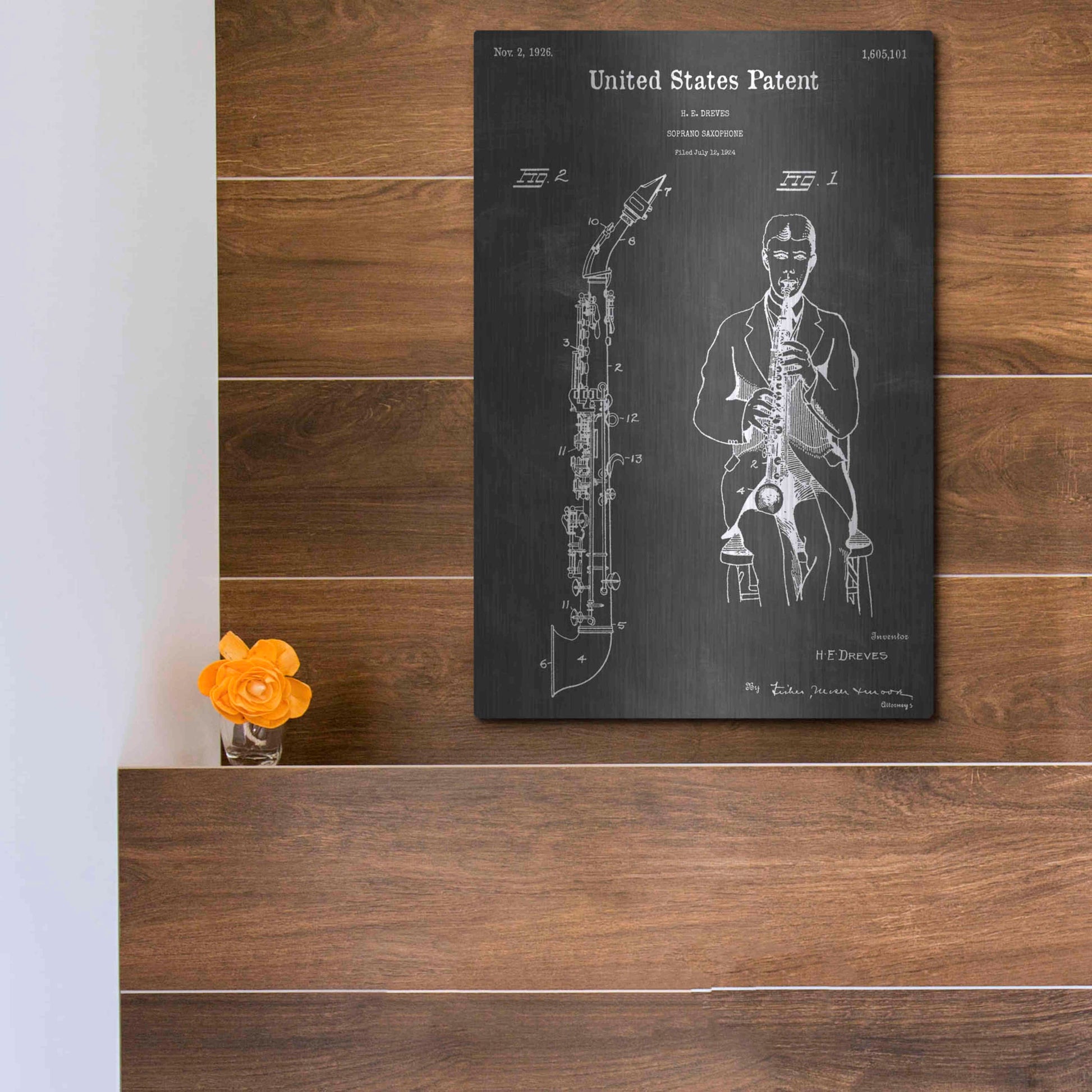 Luxe Metal Art 'Soprano Saxophone Vintage Patent Blueprint' by Epic Portfolio, Metal Wall Art,12x16