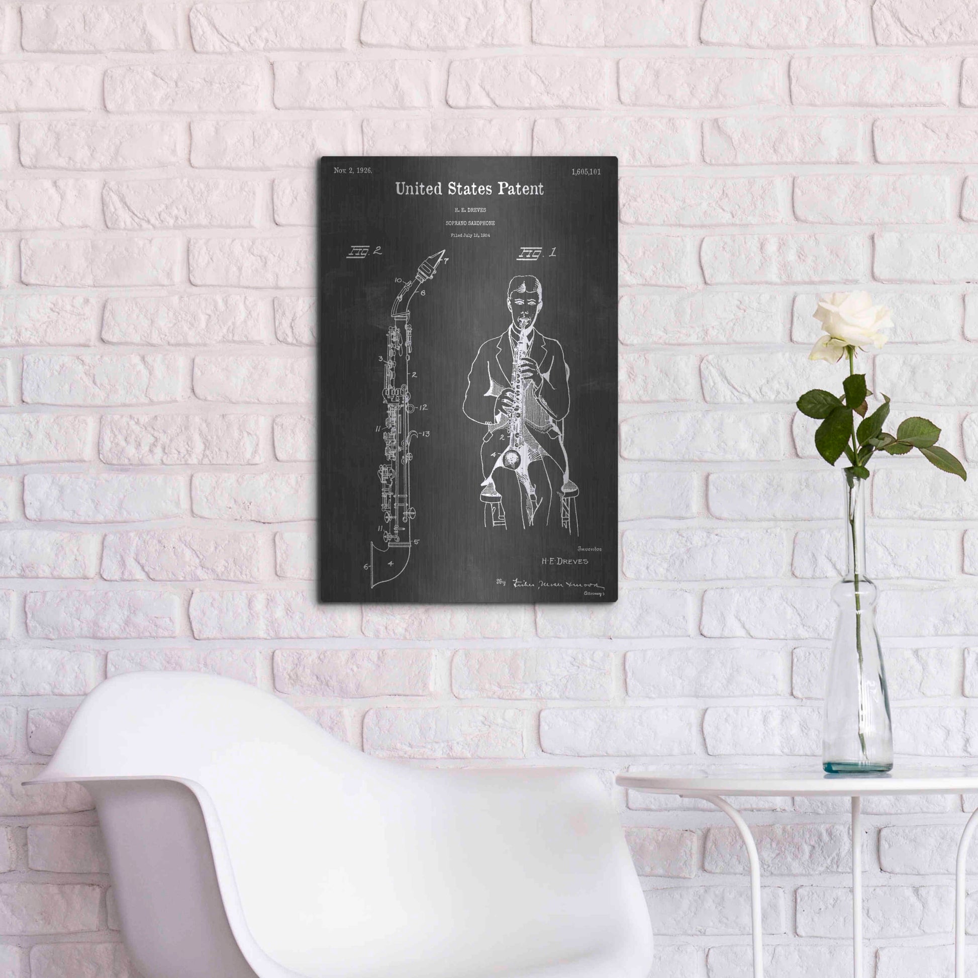 Luxe Metal Art 'Soprano Saxophone Vintage Patent Blueprint' by Epic Portfolio, Metal Wall Art,16x24