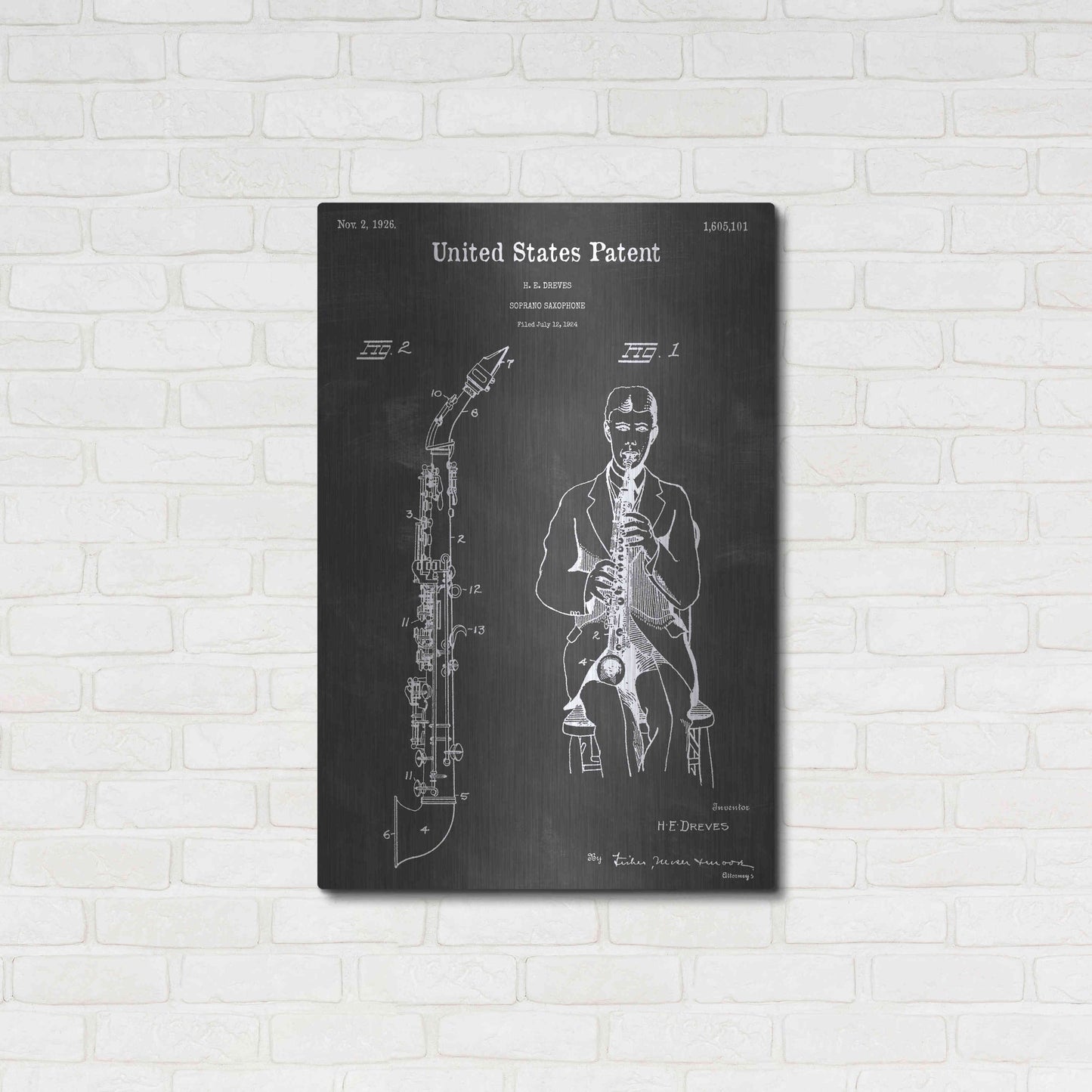 Luxe Metal Art 'Soprano Saxophone Vintage Patent Blueprint' by Epic Portfolio, Metal Wall Art,24x36