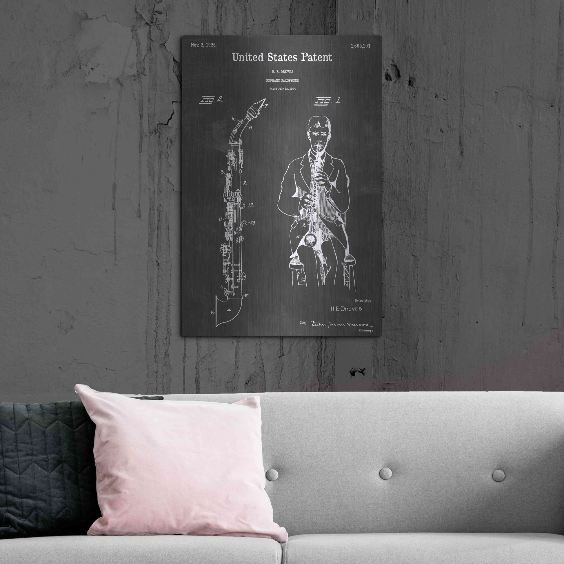 Luxe Metal Art 'Soprano Saxophone Vintage Patent Blueprint' by Epic Portfolio, Metal Wall Art,24x36