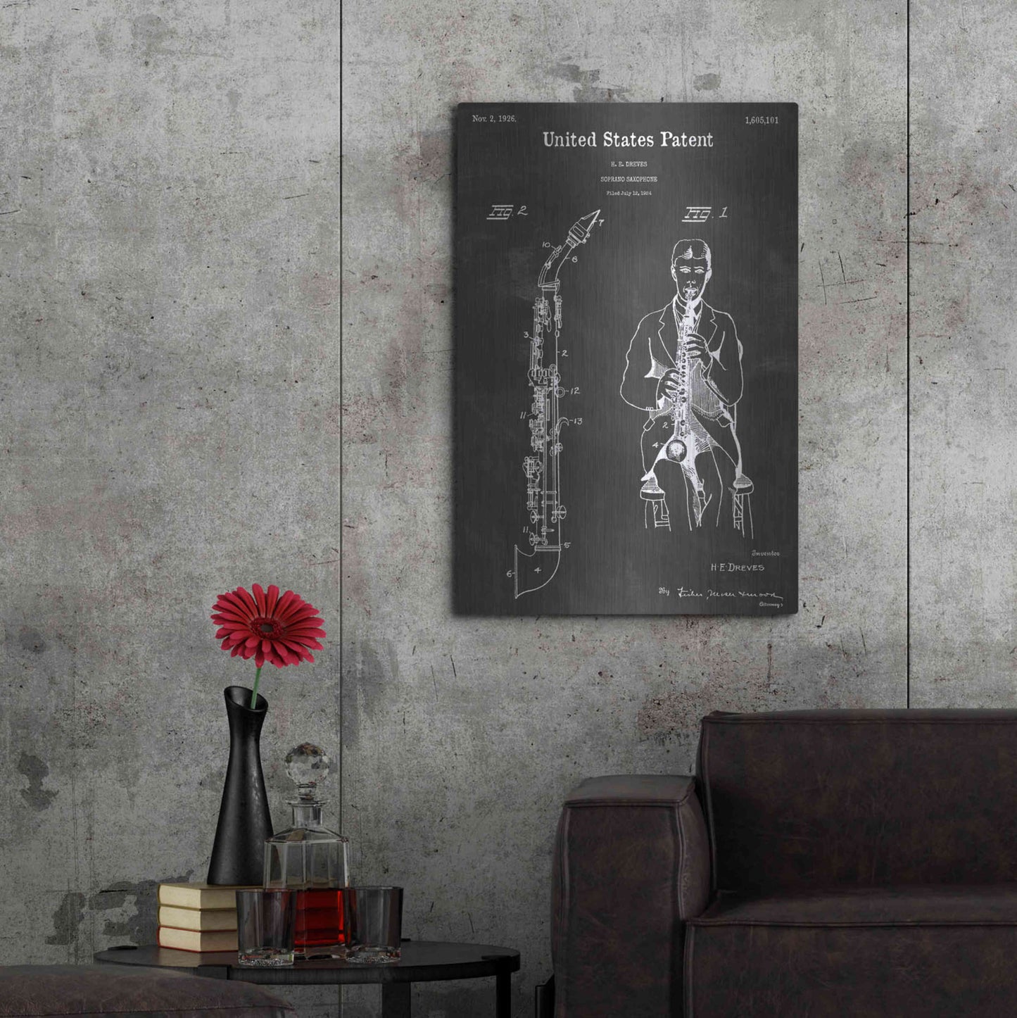 Luxe Metal Art 'Soprano Saxophone Vintage Patent Blueprint' by Epic Portfolio, Metal Wall Art,24x36