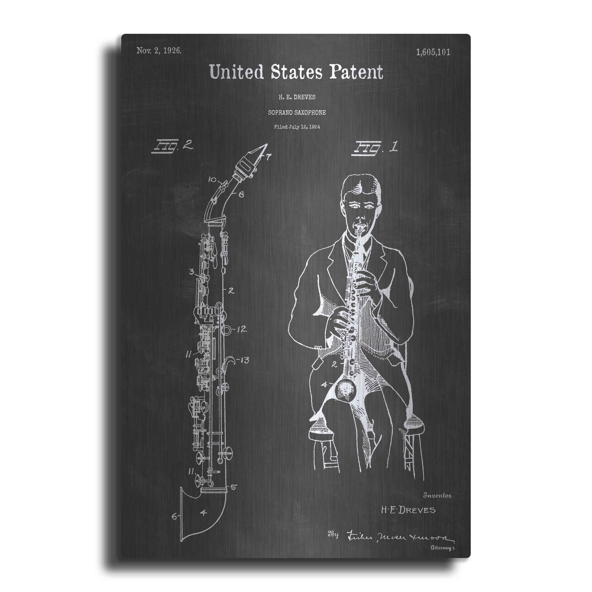 Luxe Metal Art 'Soprano Saxophone Vintage Patent Blueprint' by Epic Portfolio, Metal Wall Art