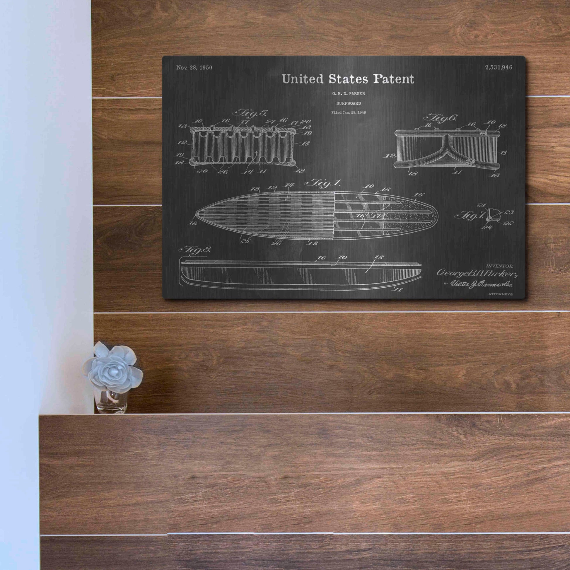 Luxe Metal Art 'Surfboard Vintage Patent Blueprint' by Epic Portfolio, Metal Wall Art,16x12