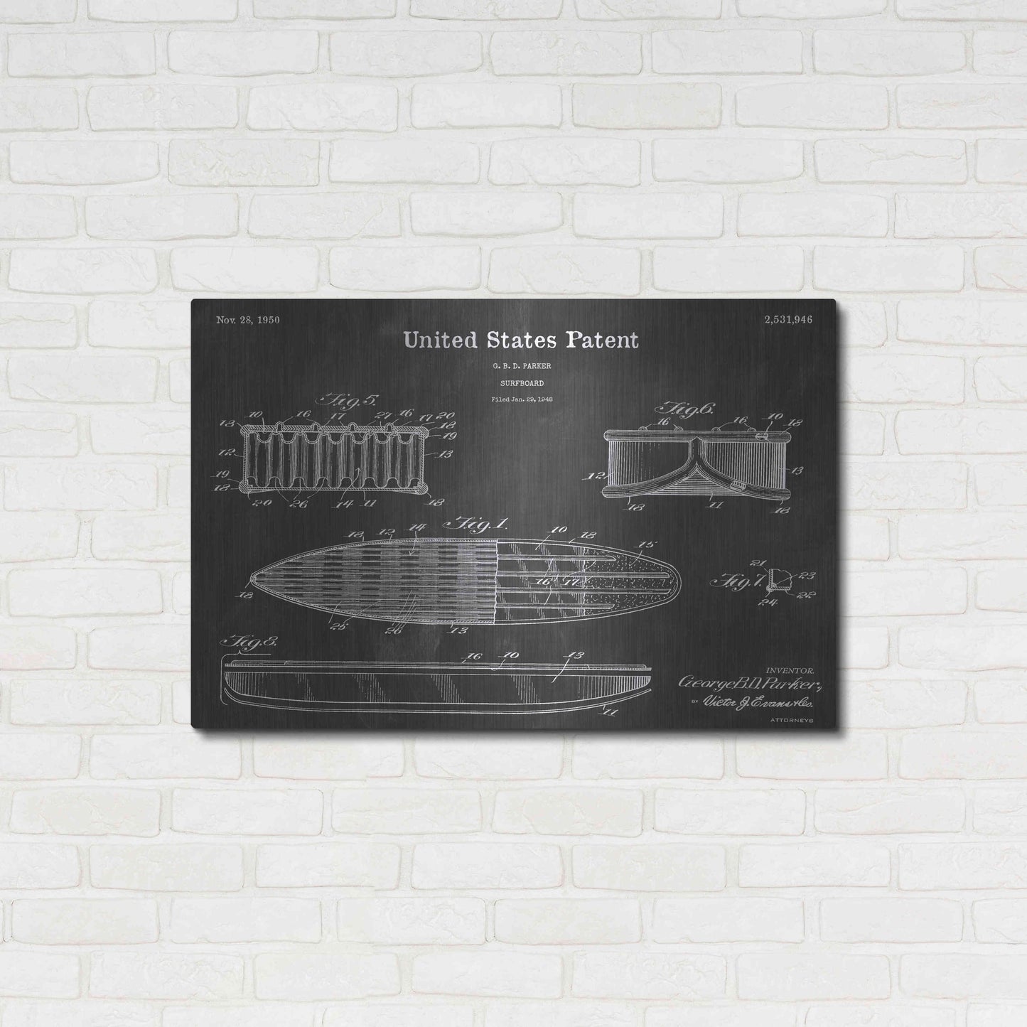 Luxe Metal Art 'Surfboard Vintage Patent Blueprint' by Epic Portfolio, Metal Wall Art,36x24