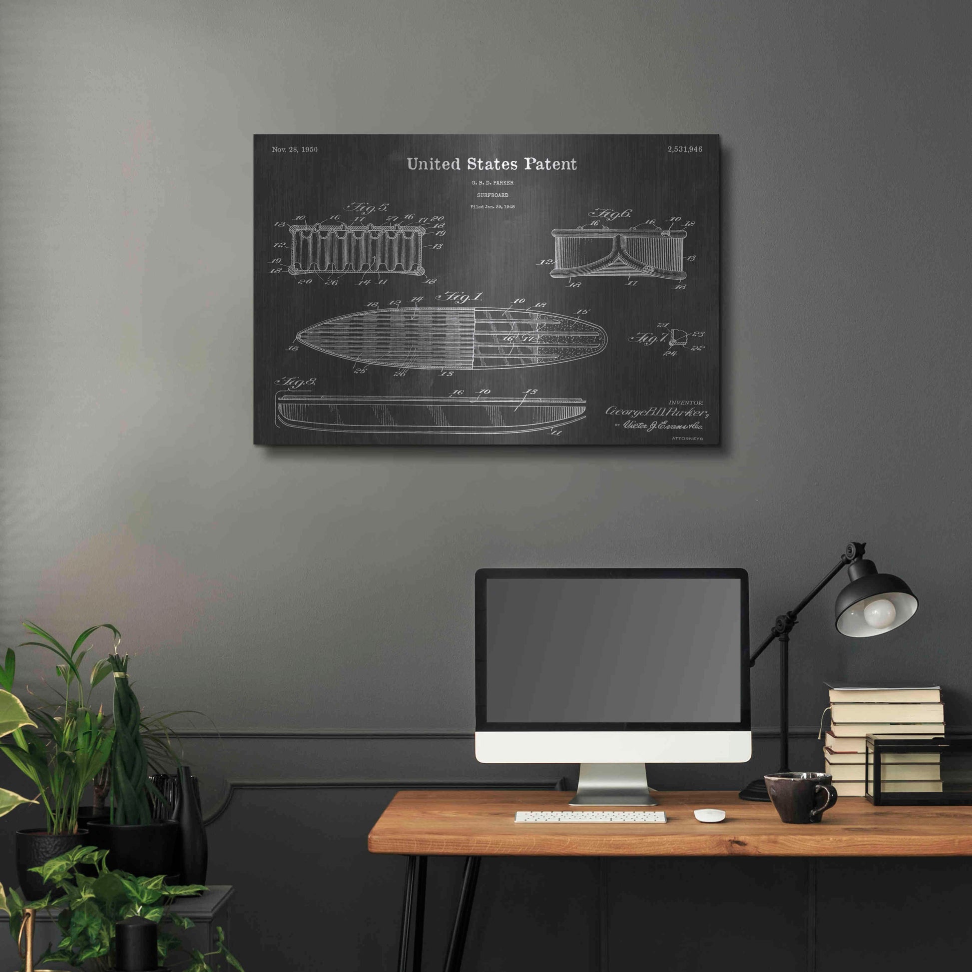 Luxe Metal Art 'Surfboard Vintage Patent Blueprint' by Epic Portfolio, Metal Wall Art,36x24