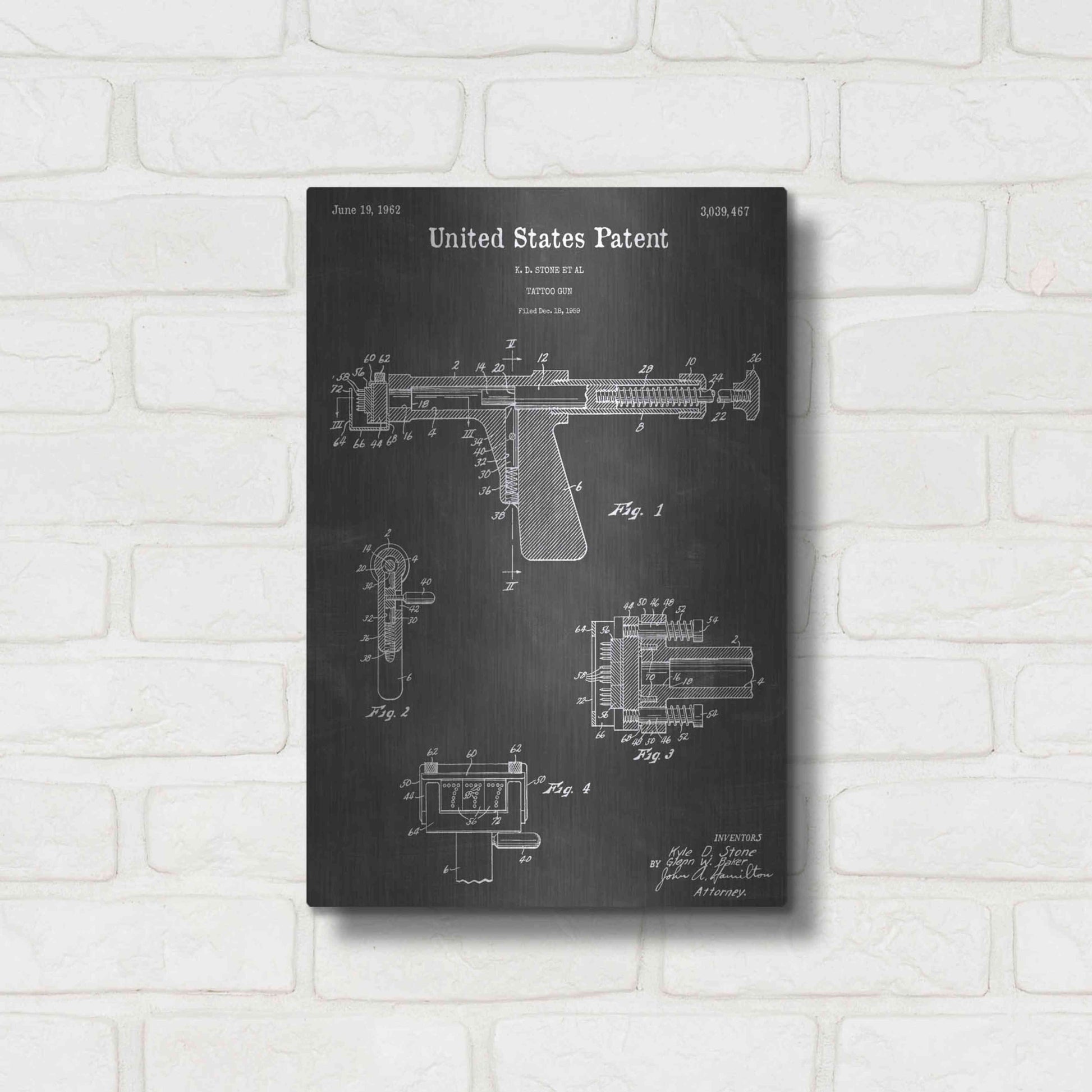 Luxe Metal Art 'Tattoo Gun Vintage Patent Blueprint' by Epic Portfolio, Metal Wall Art,12x16