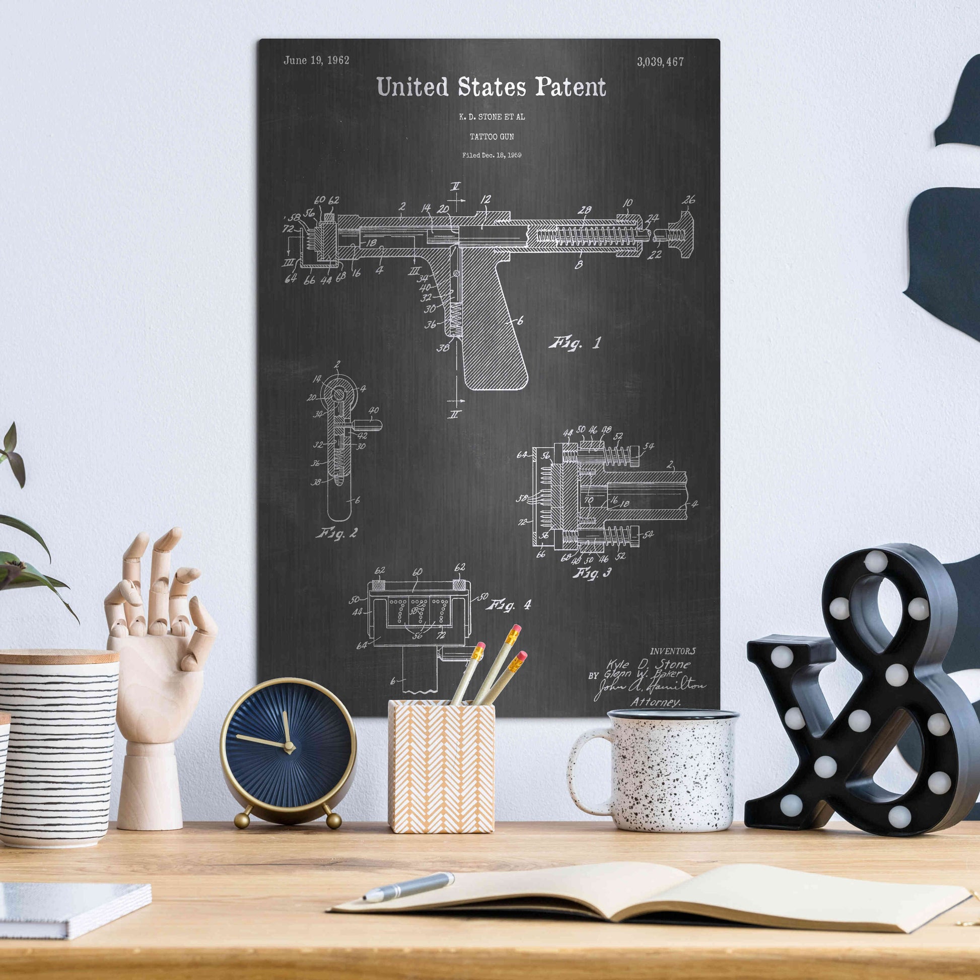 Luxe Metal Art 'Tattoo Gun Vintage Patent Blueprint' by Epic Portfolio, Metal Wall Art,12x16
