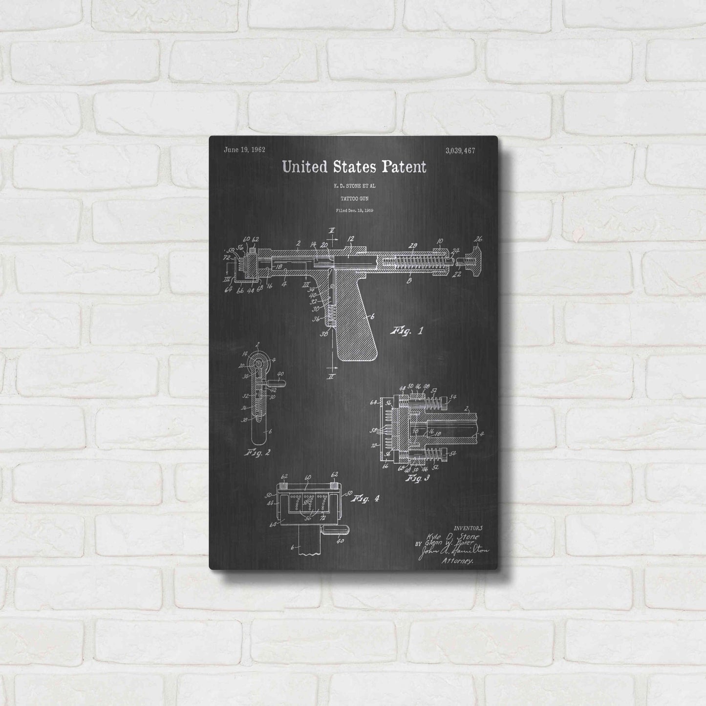 Luxe Metal Art 'Tattoo Gun Vintage Patent Blueprint' by Epic Portfolio, Metal Wall Art,16x24