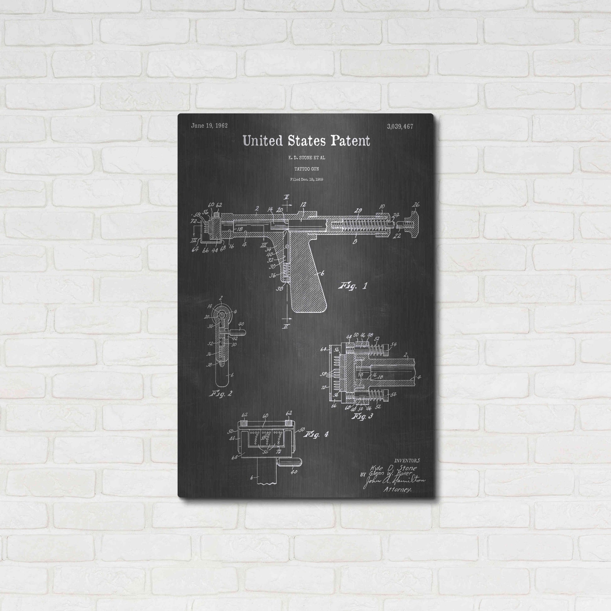 Luxe Metal Art 'Tattoo Gun Vintage Patent Blueprint' by Epic Portfolio, Metal Wall Art,24x36