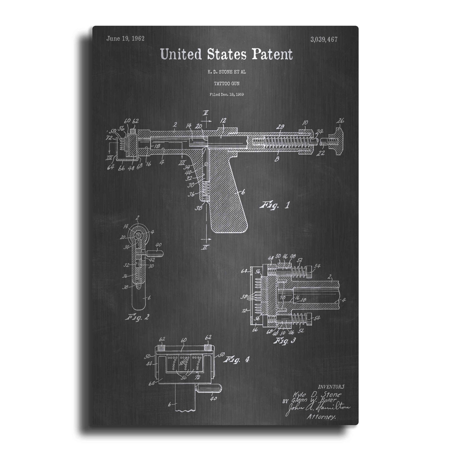 Luxe Metal Art 'Tattoo Gun Vintage Patent Blueprint' by Epic Portfolio, Metal Wall Art