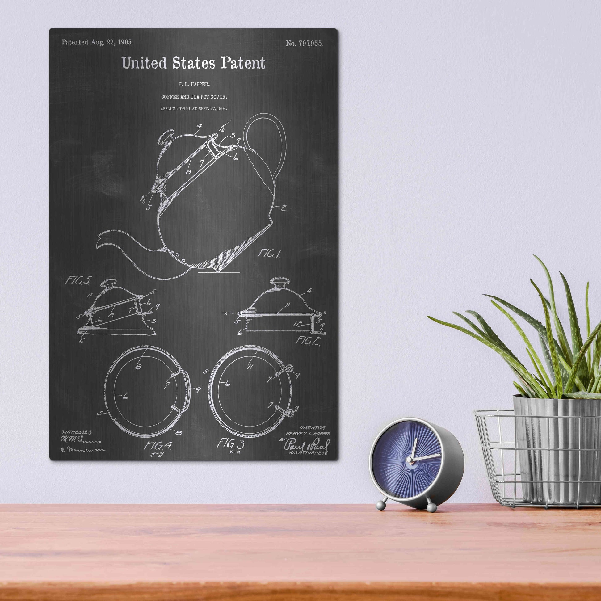 Luxe Metal Art 'Tea Pot Vintage Patent Blueprint' by Epic Portfolio, Metal Wall Art,12x16