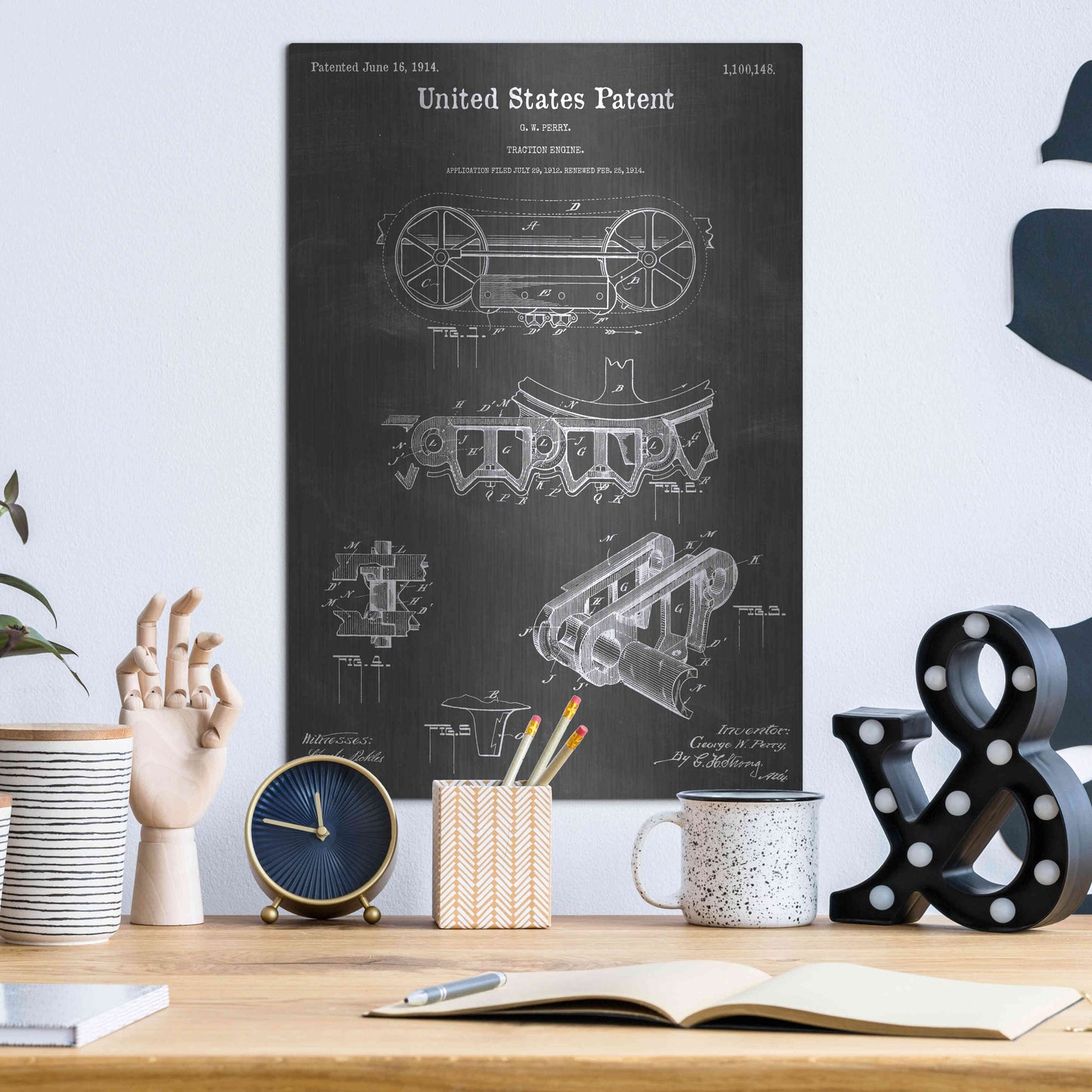 Luxe Metal Art 'Traction Engine Vintage Patent Blueprint' by Epic Portfolio, Metal Wall Art,12x16