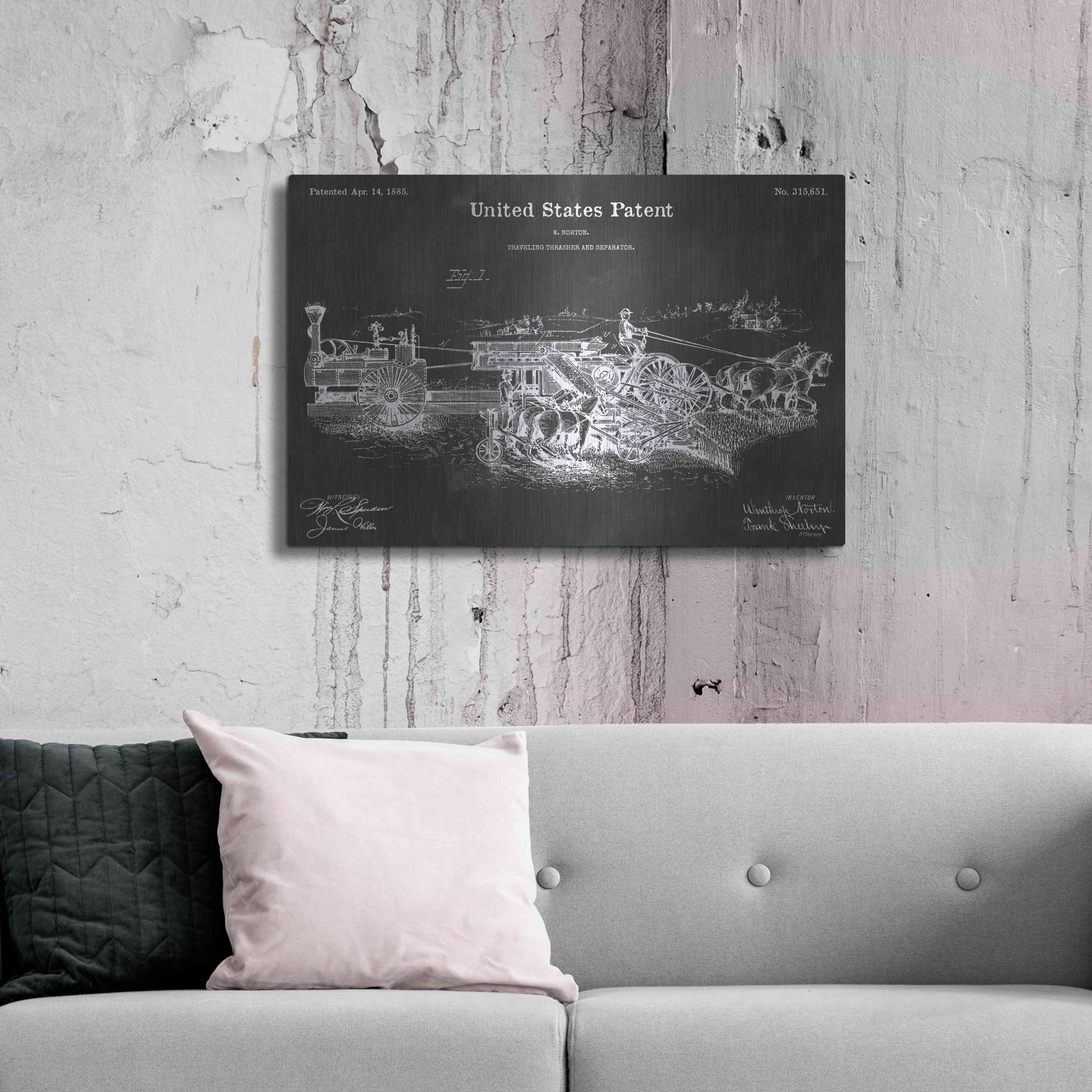 Luxe Metal Art 'Traveling Thrasher Vintage Patent Blueprint' by Epic Portfolio, Metal Wall Art,36x24