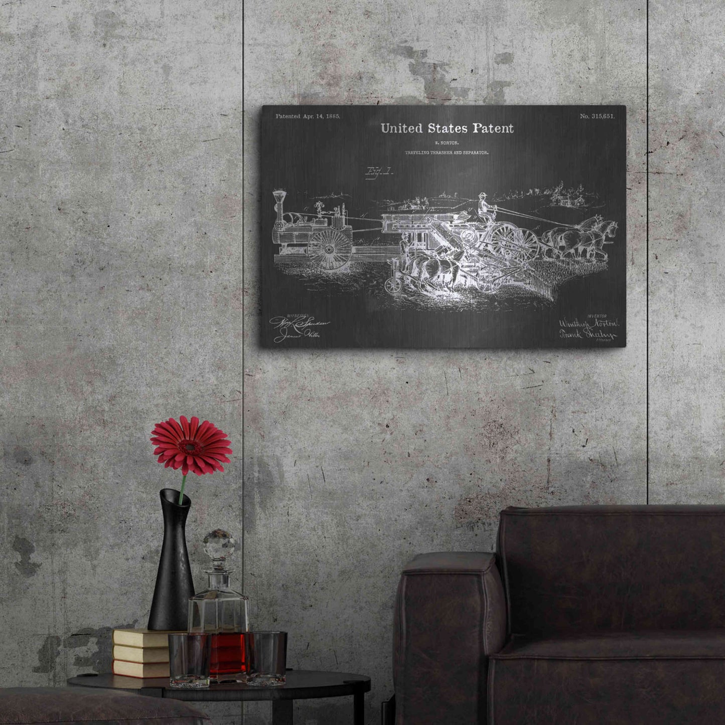 Luxe Metal Art 'Traveling Thrasher Vintage Patent Blueprint' by Epic Portfolio, Metal Wall Art,36x24