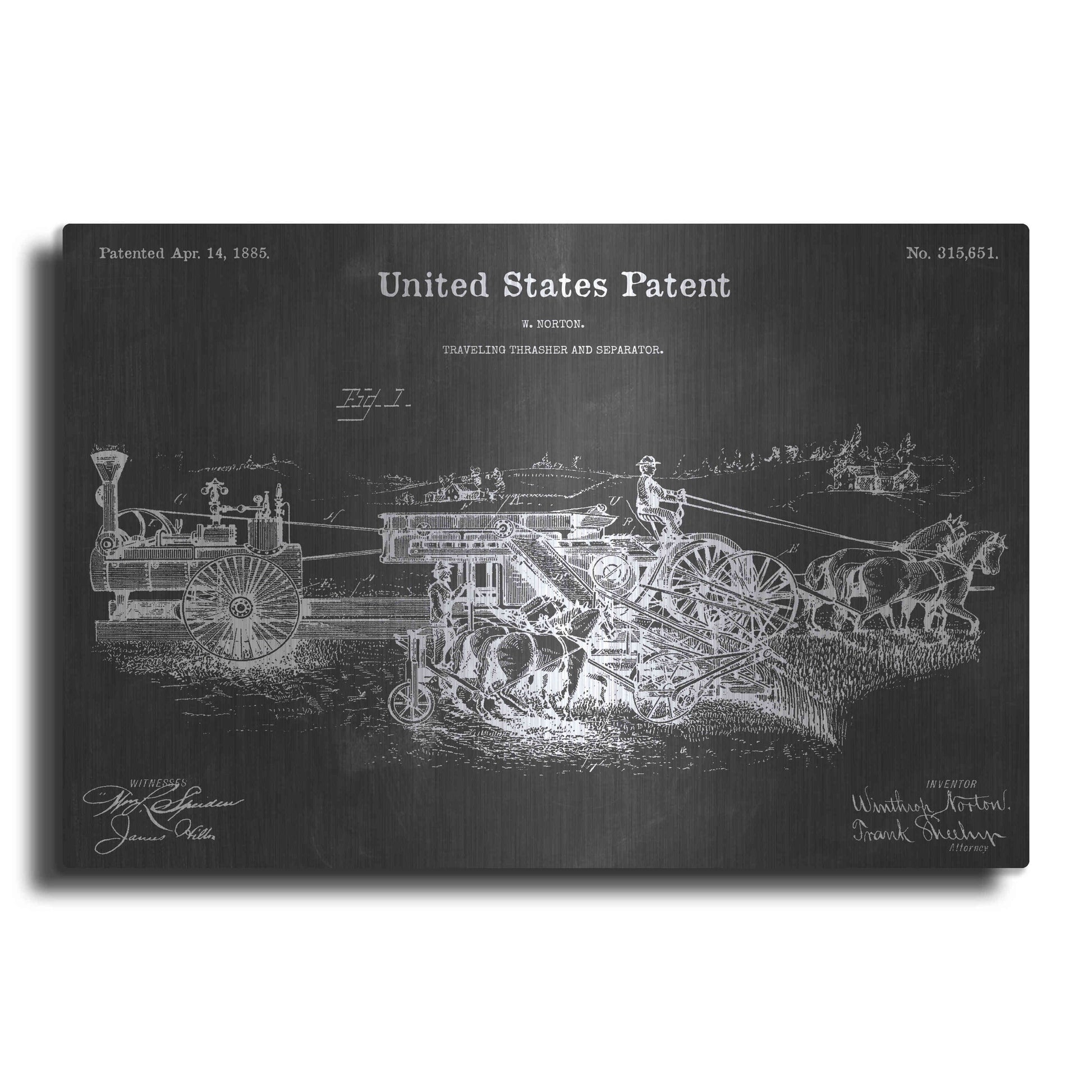 Luxe Metal Art 'Traveling Thrasher Vintage Patent Blueprint' by Epic Portfolio, Metal Wall Art