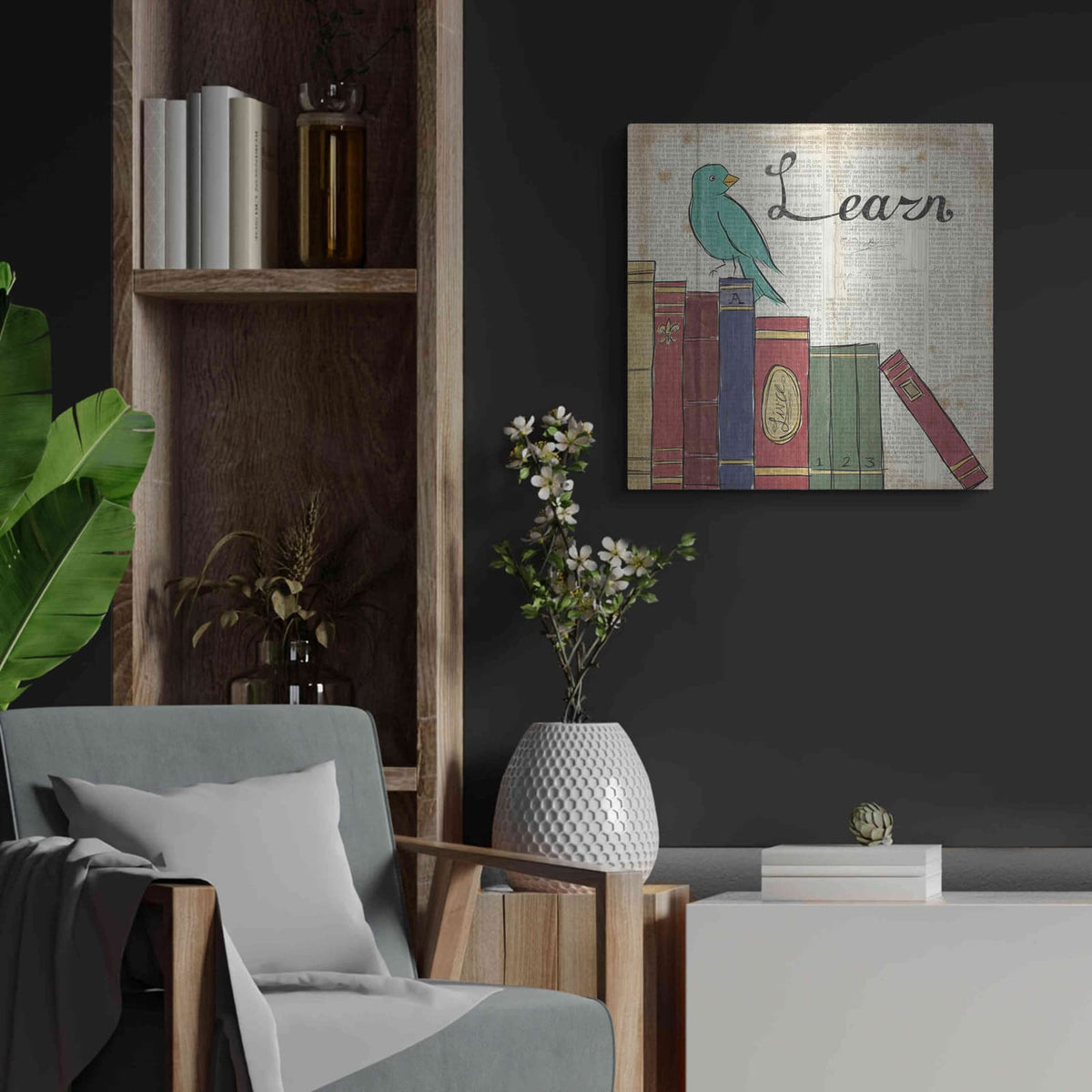 'Bird Inspiration Learn' by Elyse DeNeige – Metal Wall Art, 24x24 room view