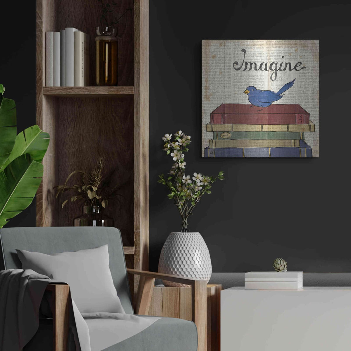'Bird Inspiration Imagine' by Elyse DeNeige – Metal Wall Art, 24x24 room view