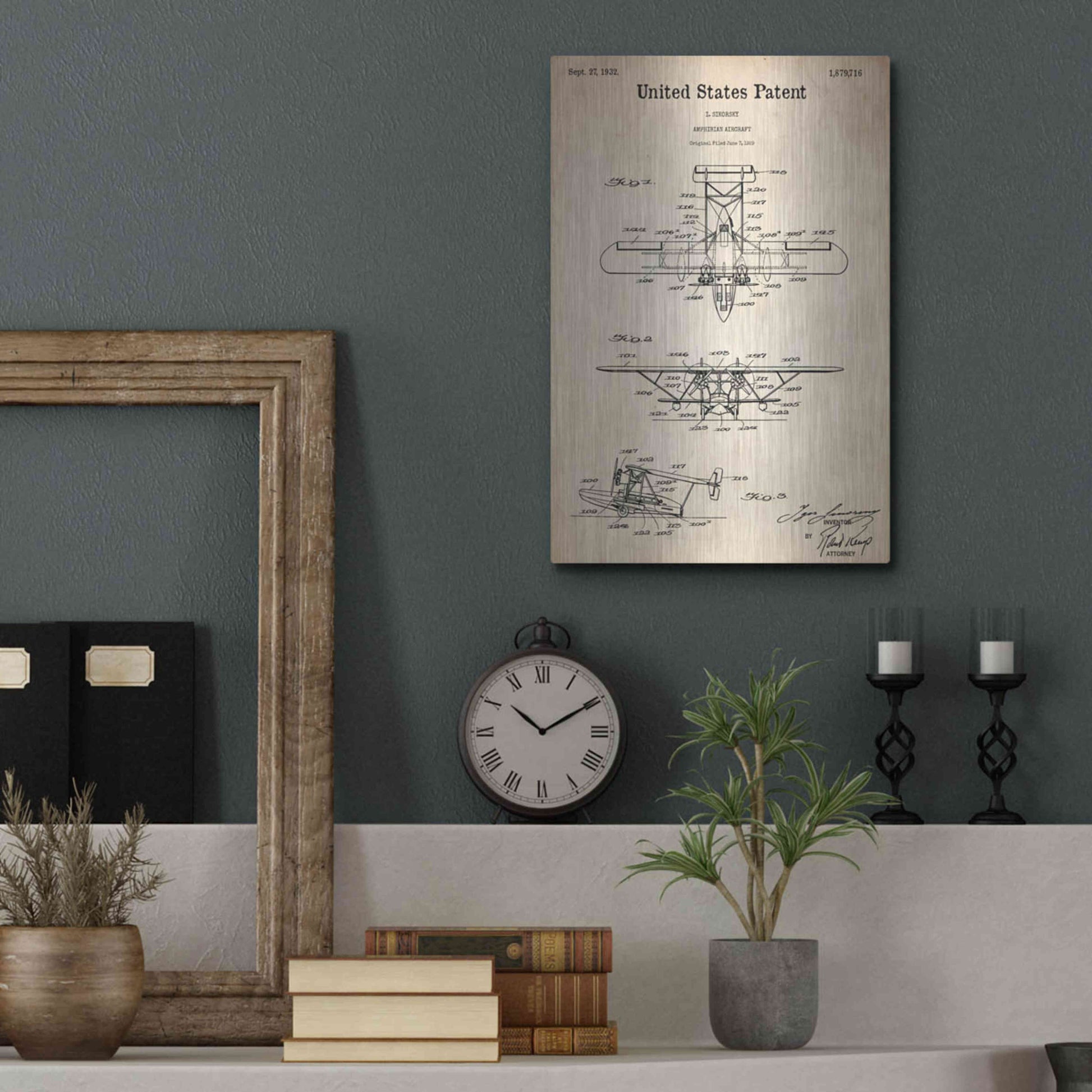 Luxe Metal Art 'Amphibian Aircraft Blueprint Patent Parchment,' Metal Wall Art,12x16