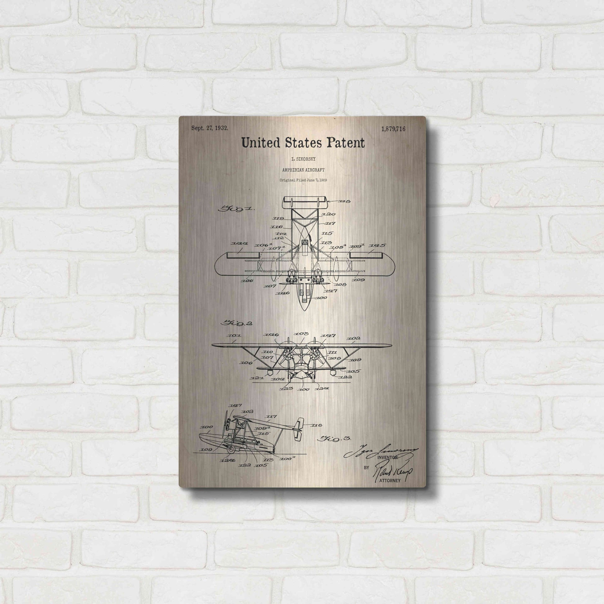 Luxe Metal Art 'Amphibian Aircraft Blueprint Patent Parchment,' Metal Wall Art,16x24