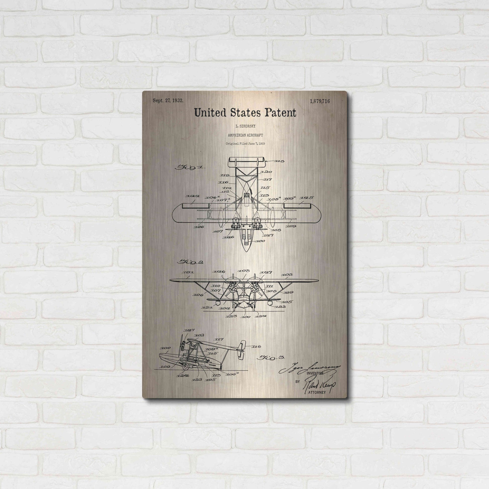 Luxe Metal Art 'Amphibian Aircraft Blueprint Patent Parchment,' Metal Wall Art,24x36