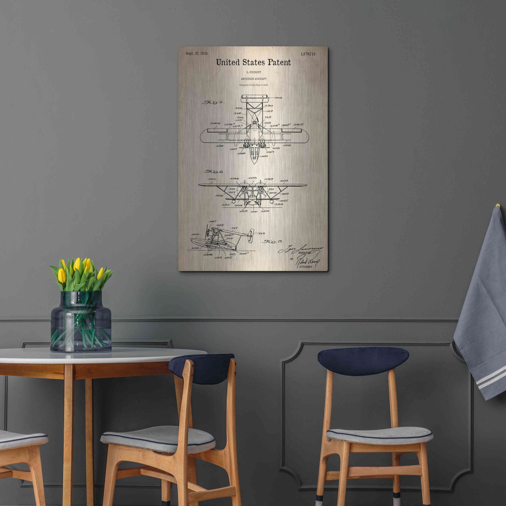 Luxe Metal Art 'Amphibian Aircraft Blueprint Patent Parchment,' Metal Wall Art,24x36