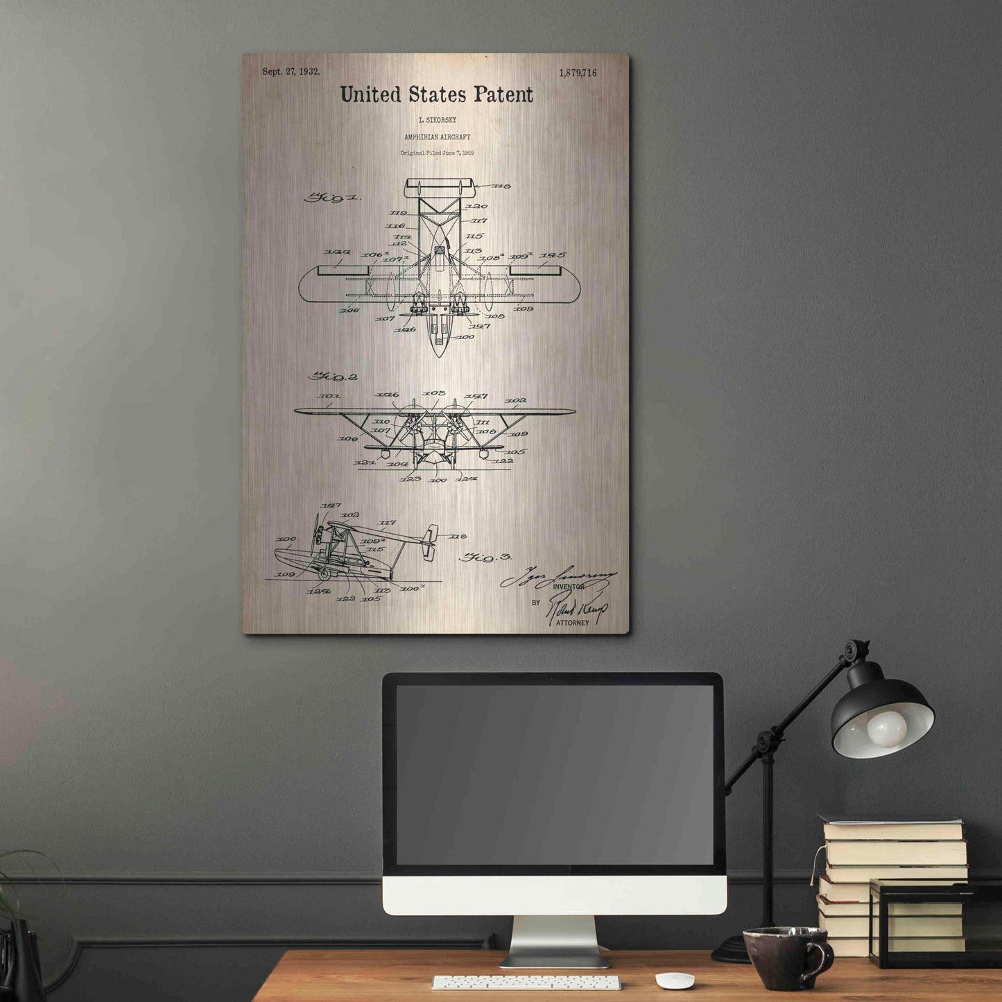 Luxe Metal Art 'Amphibian Aircraft Blueprint Patent Parchment,' Metal Wall Art,24x36