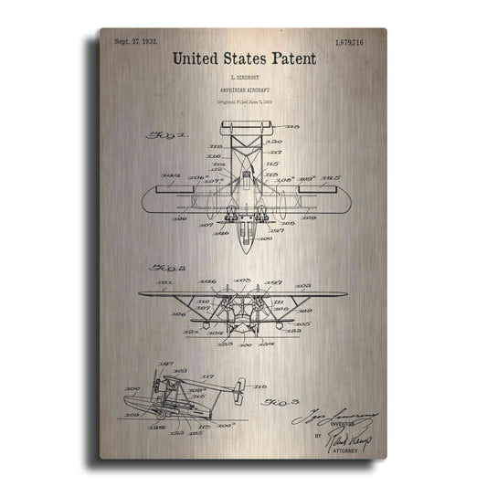 Luxe Metal Art 'Amphibian Aircraft Blueprint Patent Parchment,' Metal Wall Art