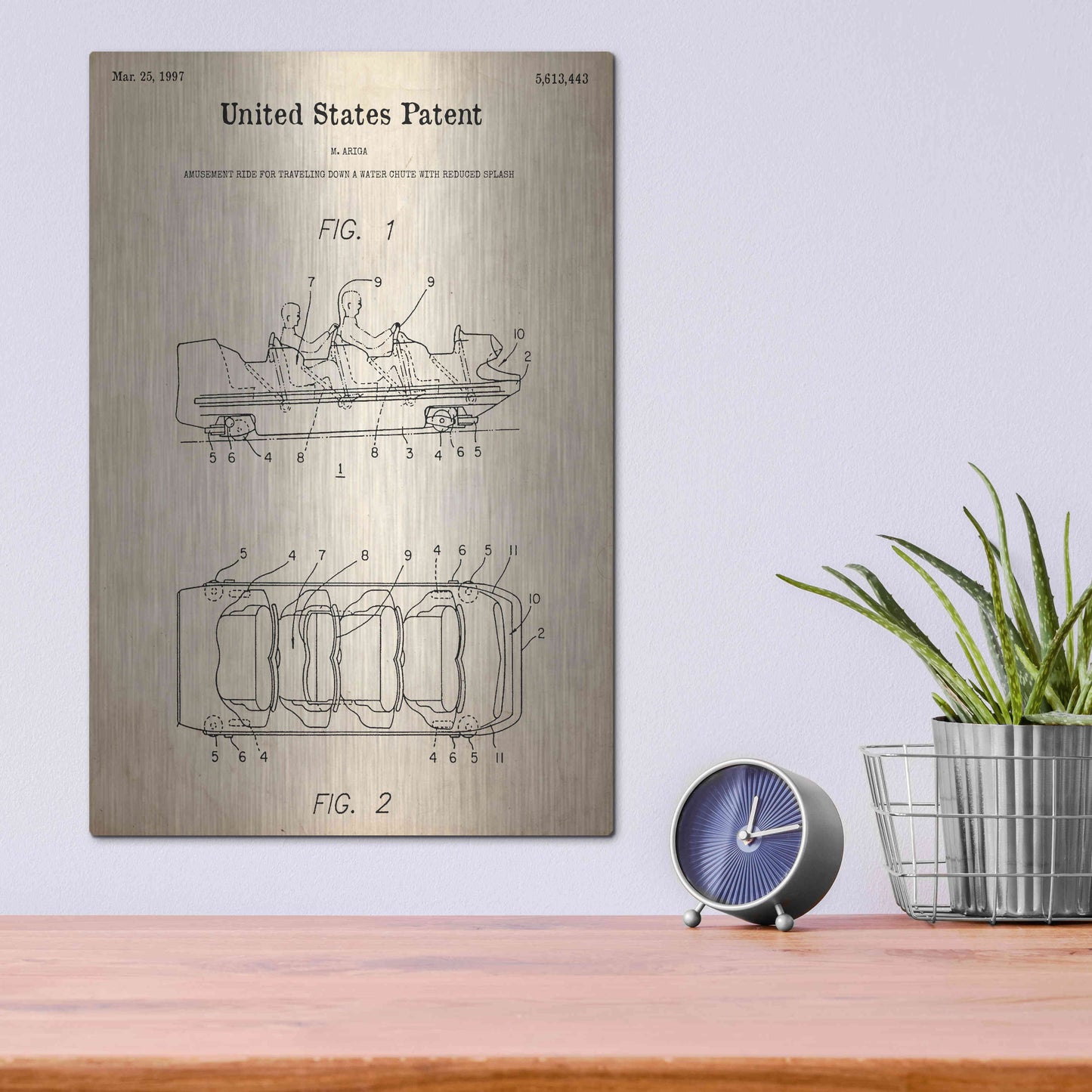 Luxe Metal Art 'Water Coaster Ride Blueprint Patent Parchment,' Metal Wall Art,12x16