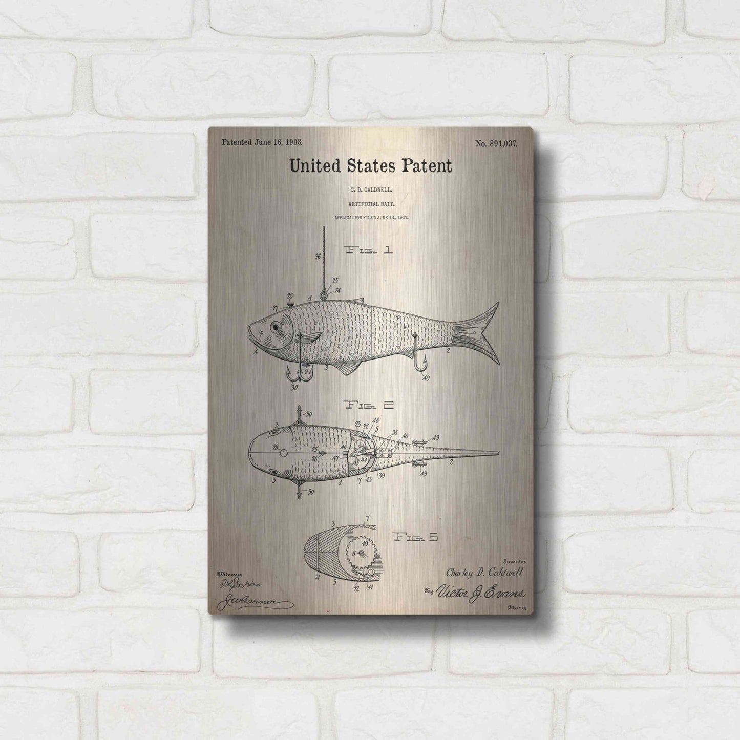 Luxe Metal Art 'Fish Bait Blueprint Patent Parchment,' Metal Wall Art,12x16