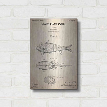 Luxe Metal Art 'Fish Bait Blueprint Patent Parchment,' Metal Wall Art,12x16