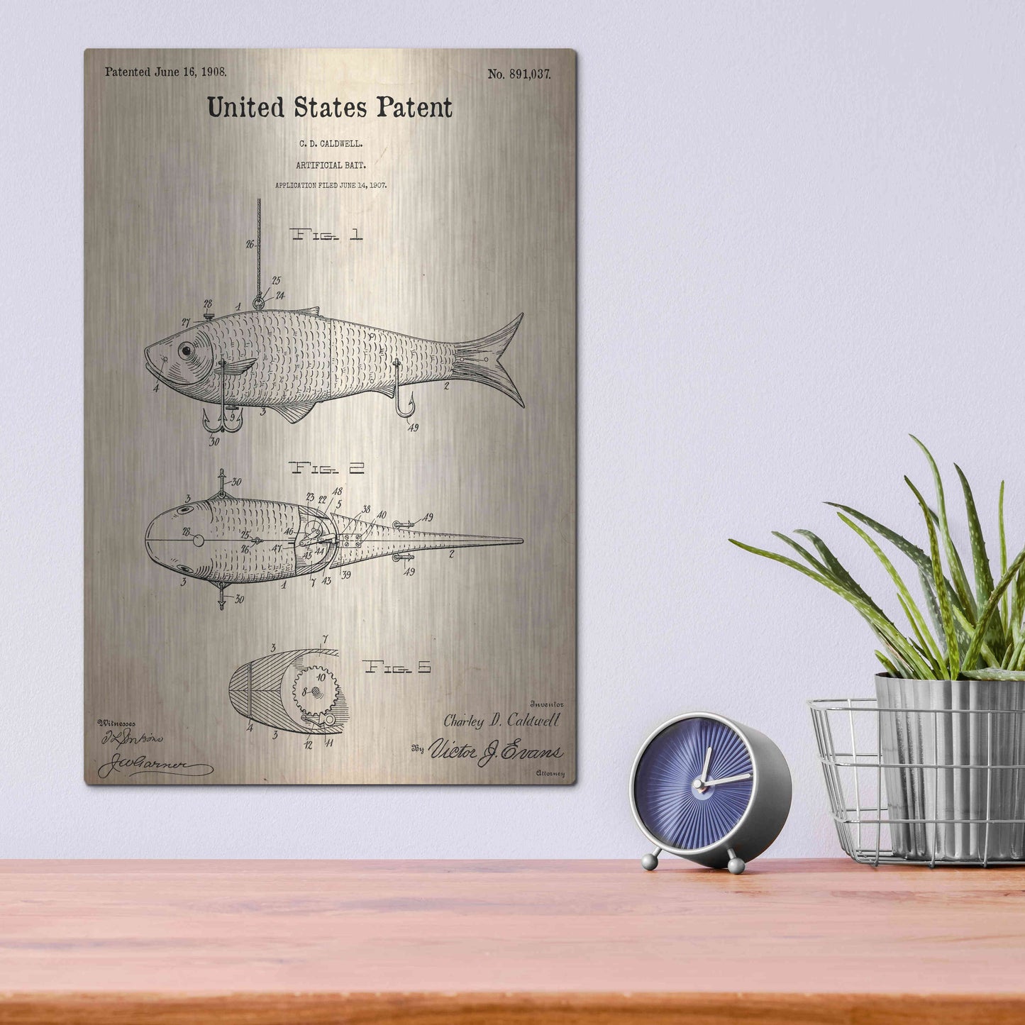 Luxe Metal Art 'Fish Bait Blueprint Patent Parchment,' Metal Wall Art,12x16