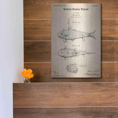 Luxe Metal Art 'Fish Bait Blueprint Patent Parchment,' Metal Wall Art,12x16