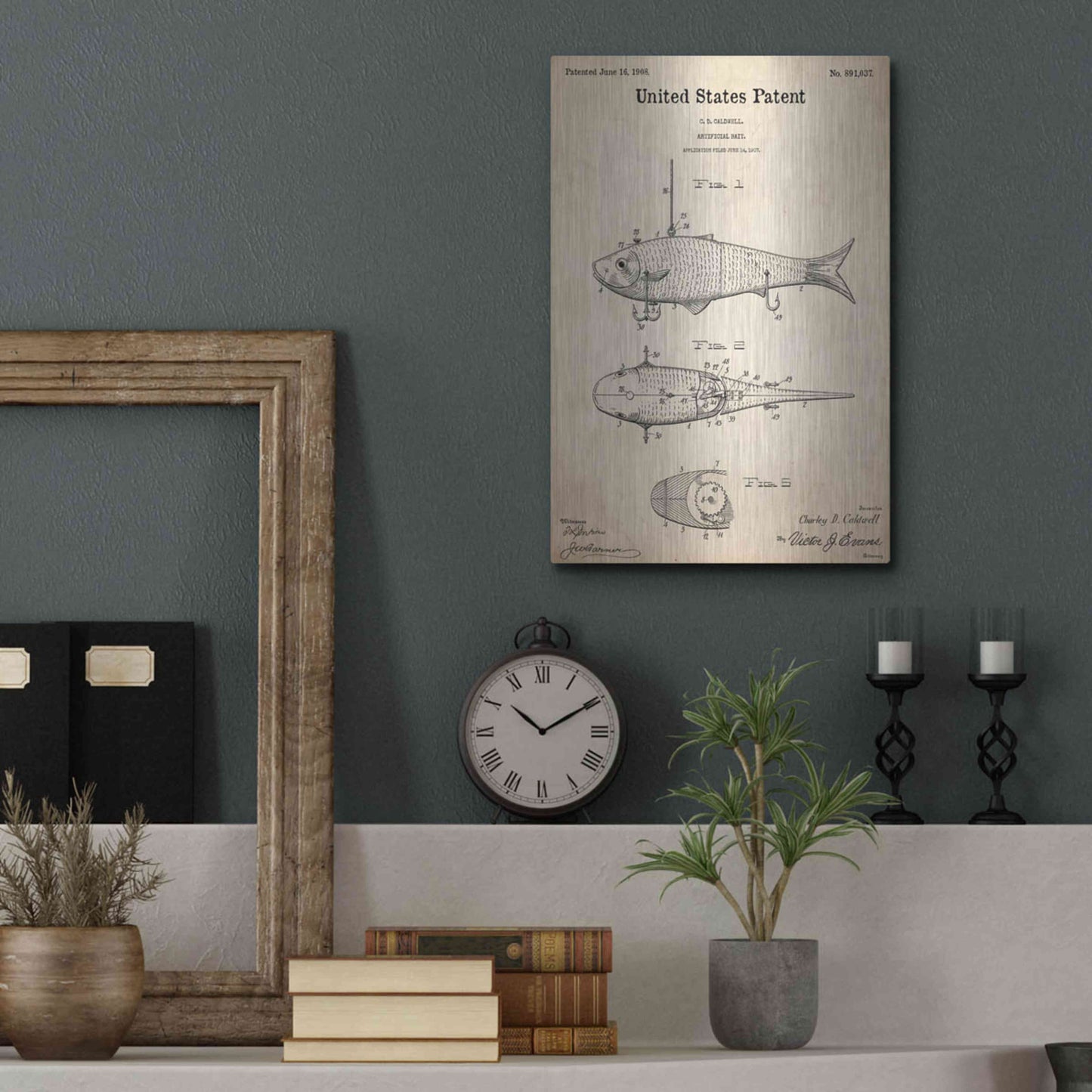 Luxe Metal Art 'Fish Bait Blueprint Patent Parchment,' Metal Wall Art,12x16