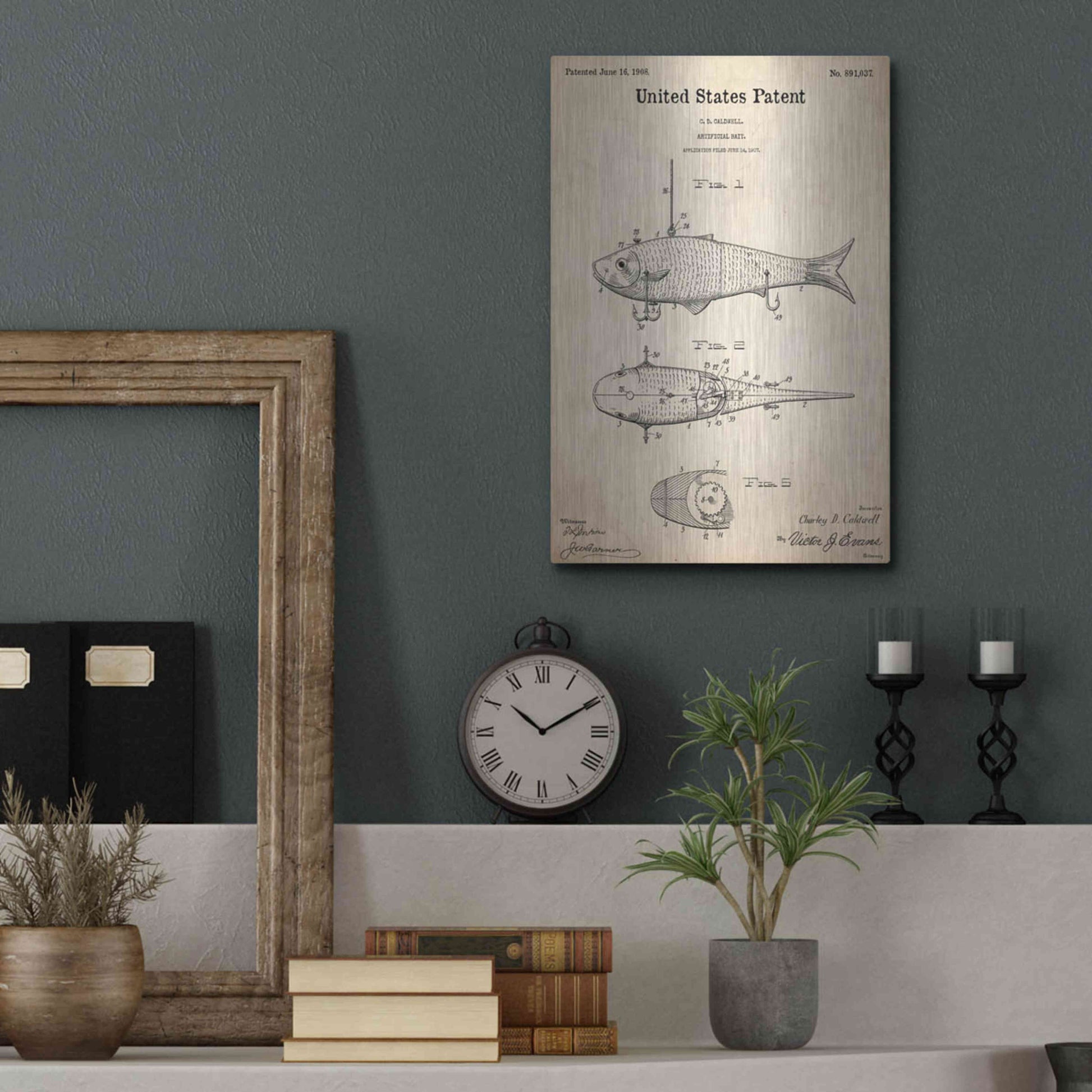 Luxe Metal Art 'Fish Bait Blueprint Patent Parchment,' Metal Wall Art,12x16