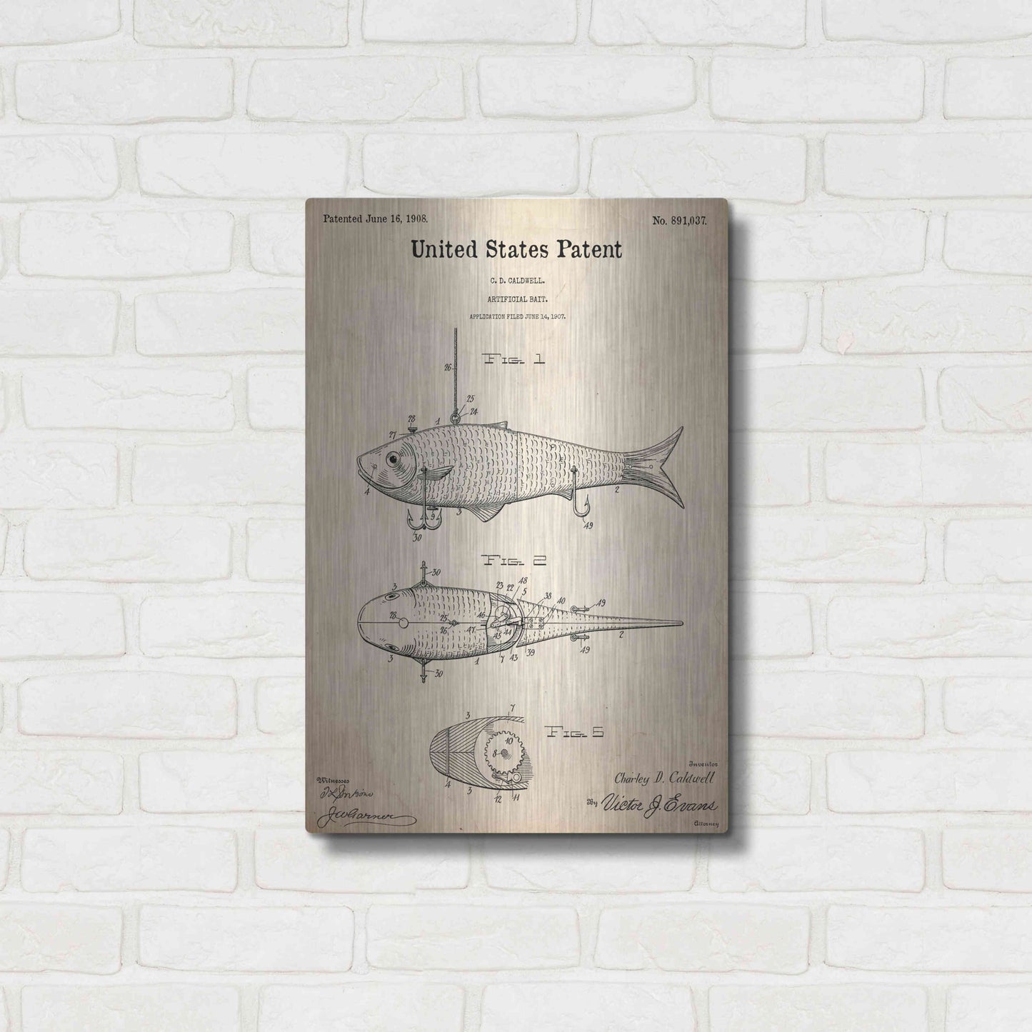 Luxe Metal Art 'Fish Bait Blueprint Patent Parchment,' Metal Wall Art,16x24