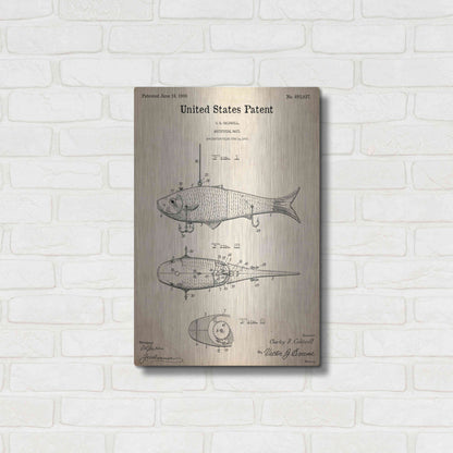 Luxe Metal Art 'Fish Bait Blueprint Patent Parchment,' Metal Wall Art,16x24