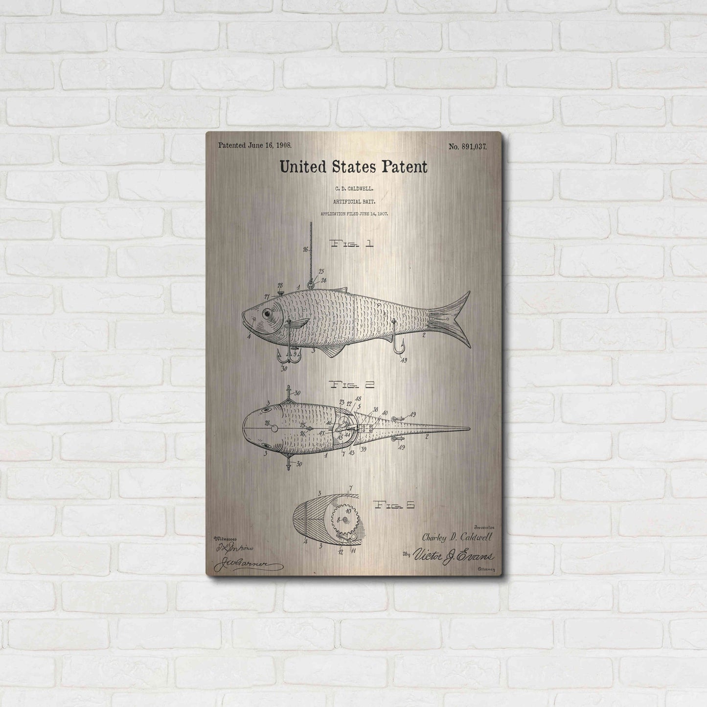 Luxe Metal Art 'Fish Bait Blueprint Patent Parchment,' Metal Wall Art,24x36