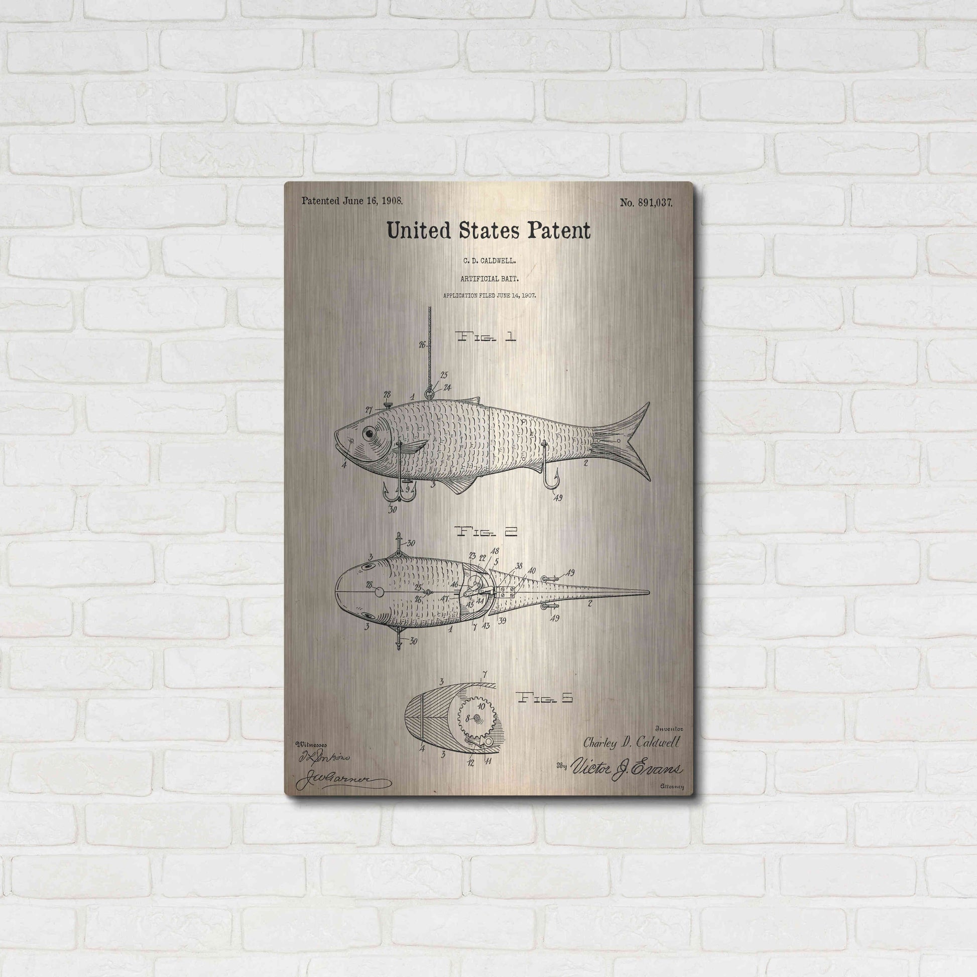 Luxe Metal Art 'Fish Bait Blueprint Patent Parchment,' Metal Wall Art,24x36