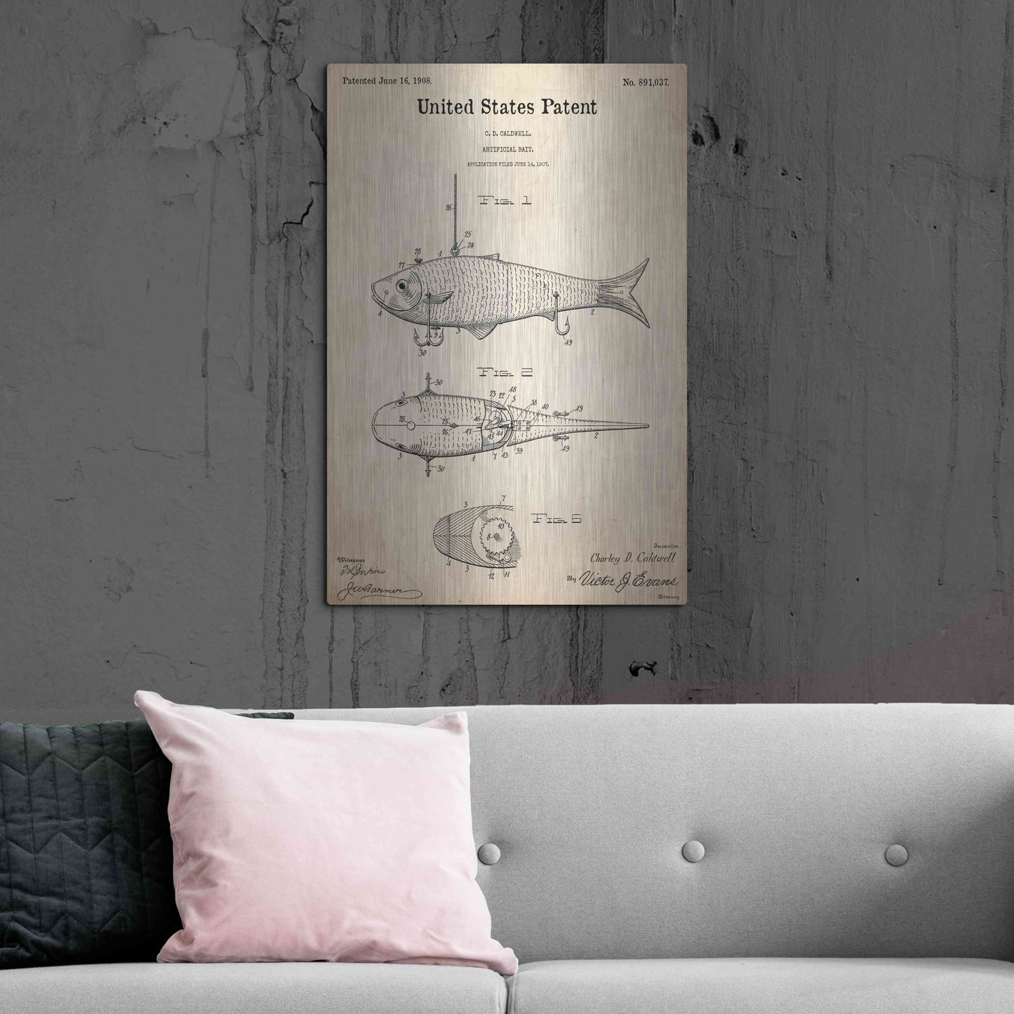 Luxe Metal Art 'Fish Bait Blueprint Patent Parchment,' Metal Wall Art,24x36
