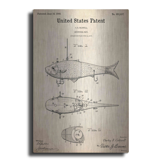 Luxe Metal Art 'Fish Bait Blueprint Patent Parchment,' Metal Wall Art