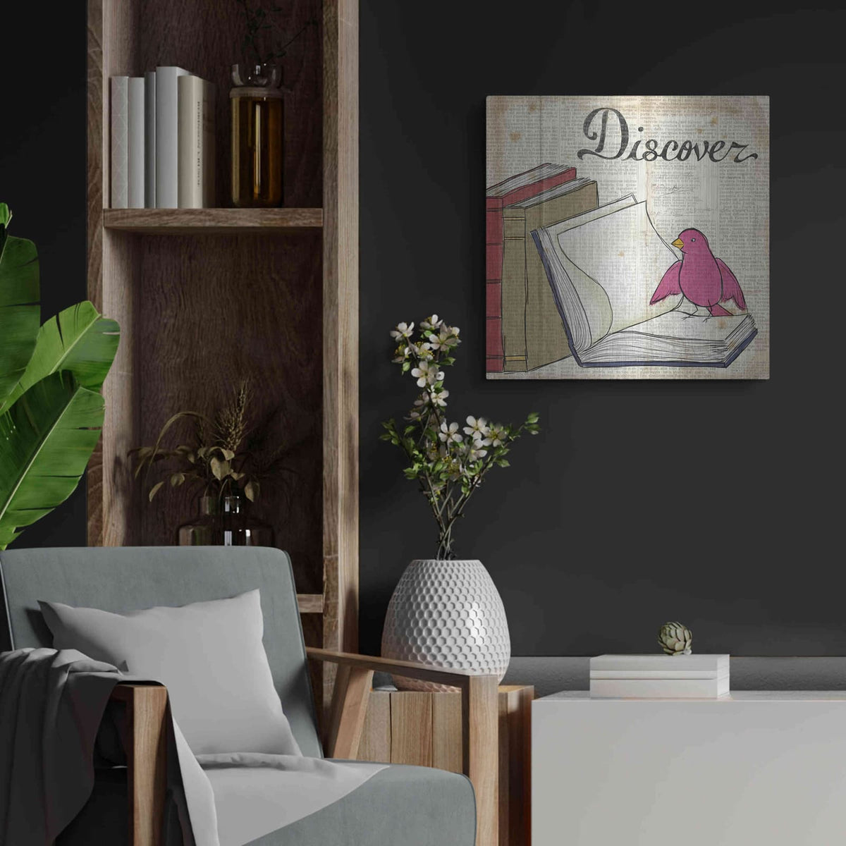 'Bird Inspiration Discover' by Elyse DeNeige – Metal Wall Art, 24x24 room view