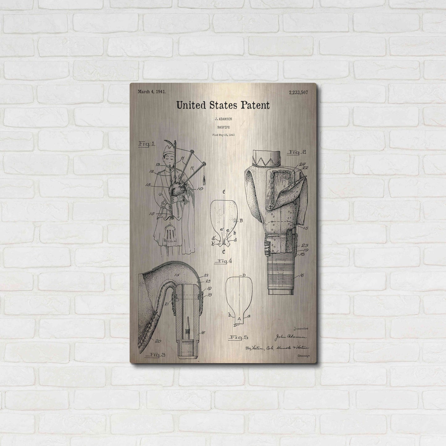 Luxe Metal Art 'Bagpipe Blueprint Patent Parchment,' Metal Wall Art,24x36