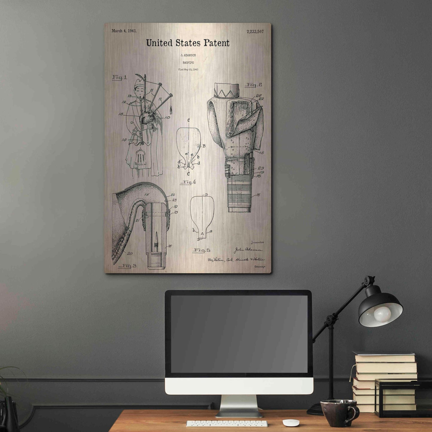 Luxe Metal Art 'Bagpipe Blueprint Patent Parchment,' Metal Wall Art,24x36