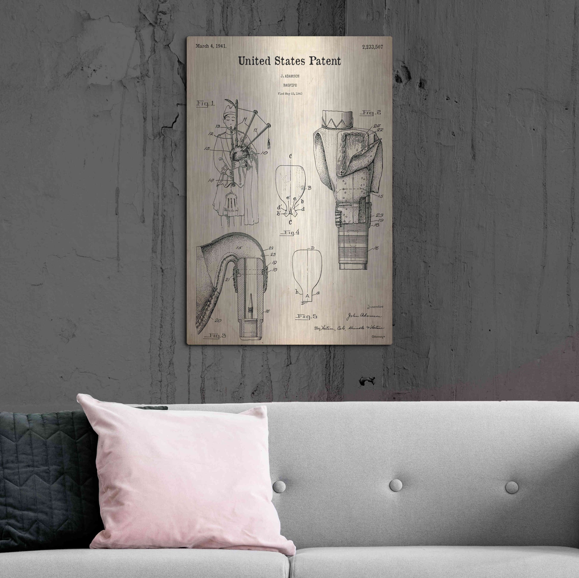 Luxe Metal Art 'Bagpipe Blueprint Patent Parchment,' Metal Wall Art,24x36