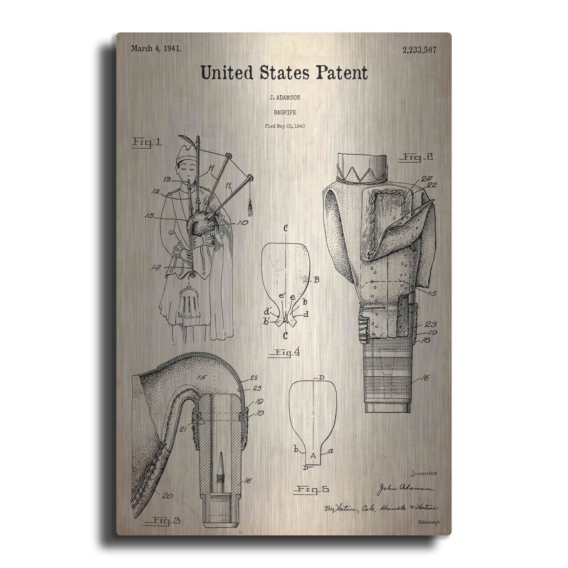 Luxe Metal Art 'Bagpipe Blueprint Patent Parchment,' Metal Wall Art